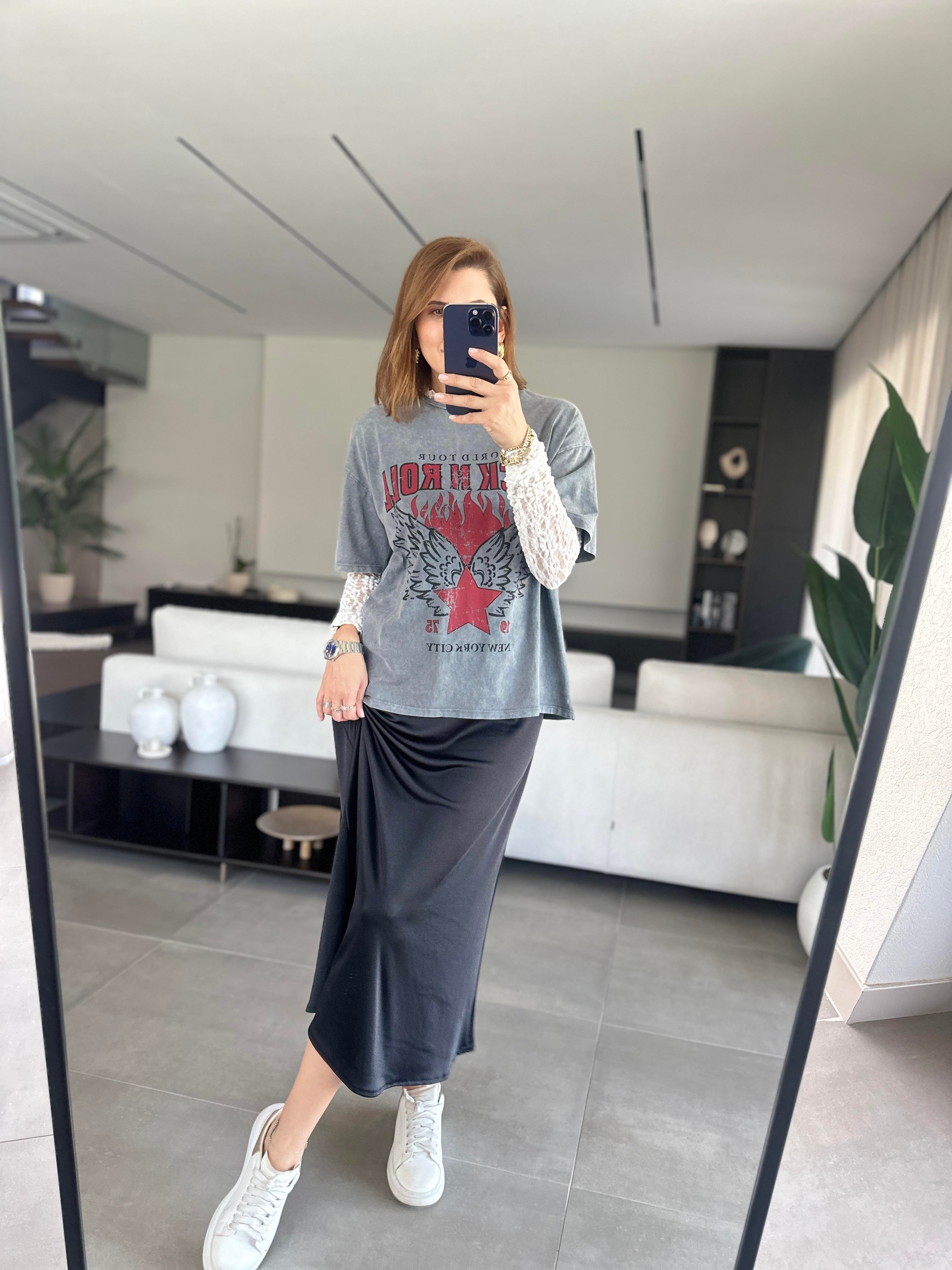 Yıkamalı Baskılı Dantel Detaylı T-Shirt