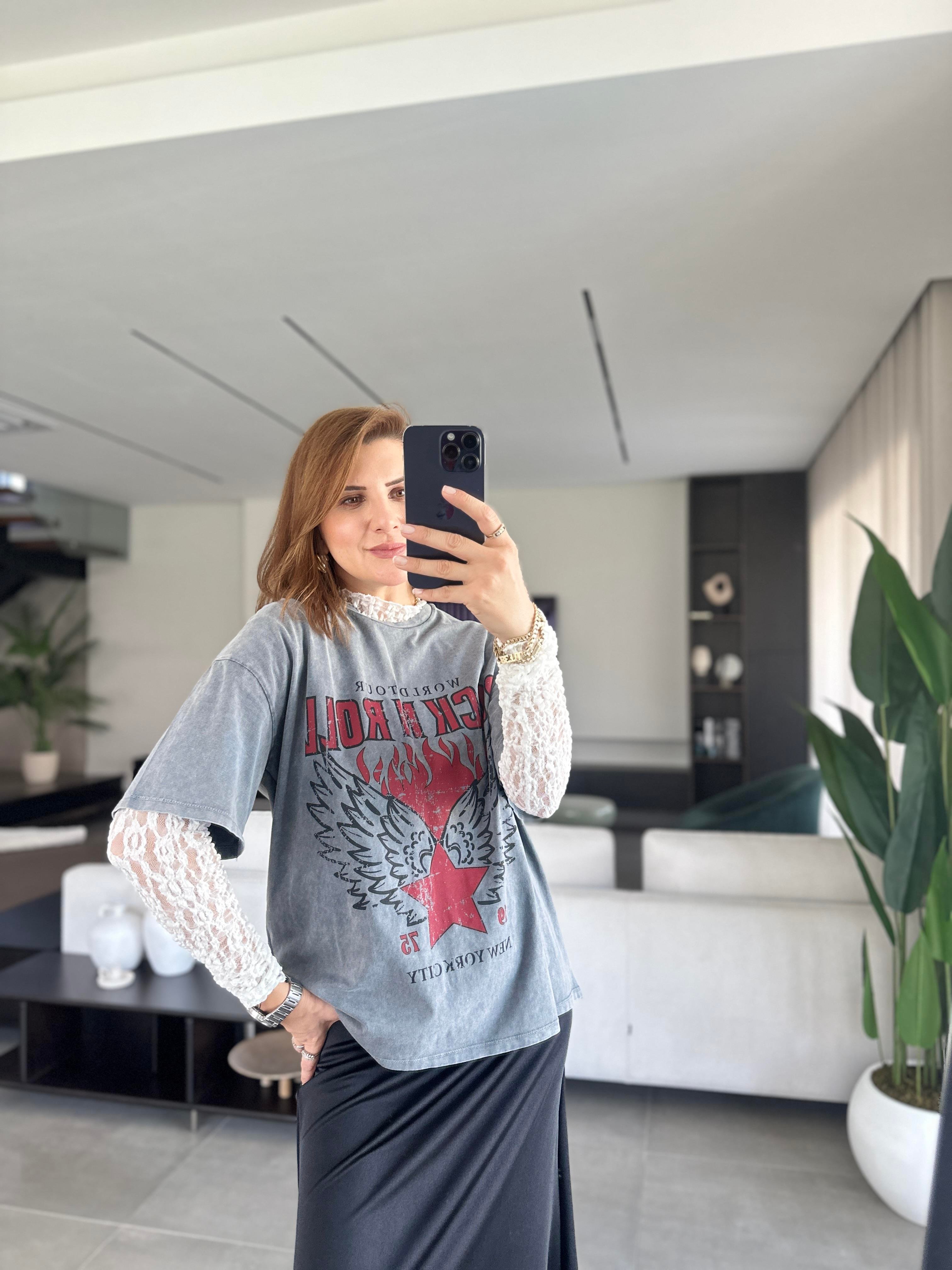 Yıkamalı Baskılı Dantel Detaylı T-Shirt