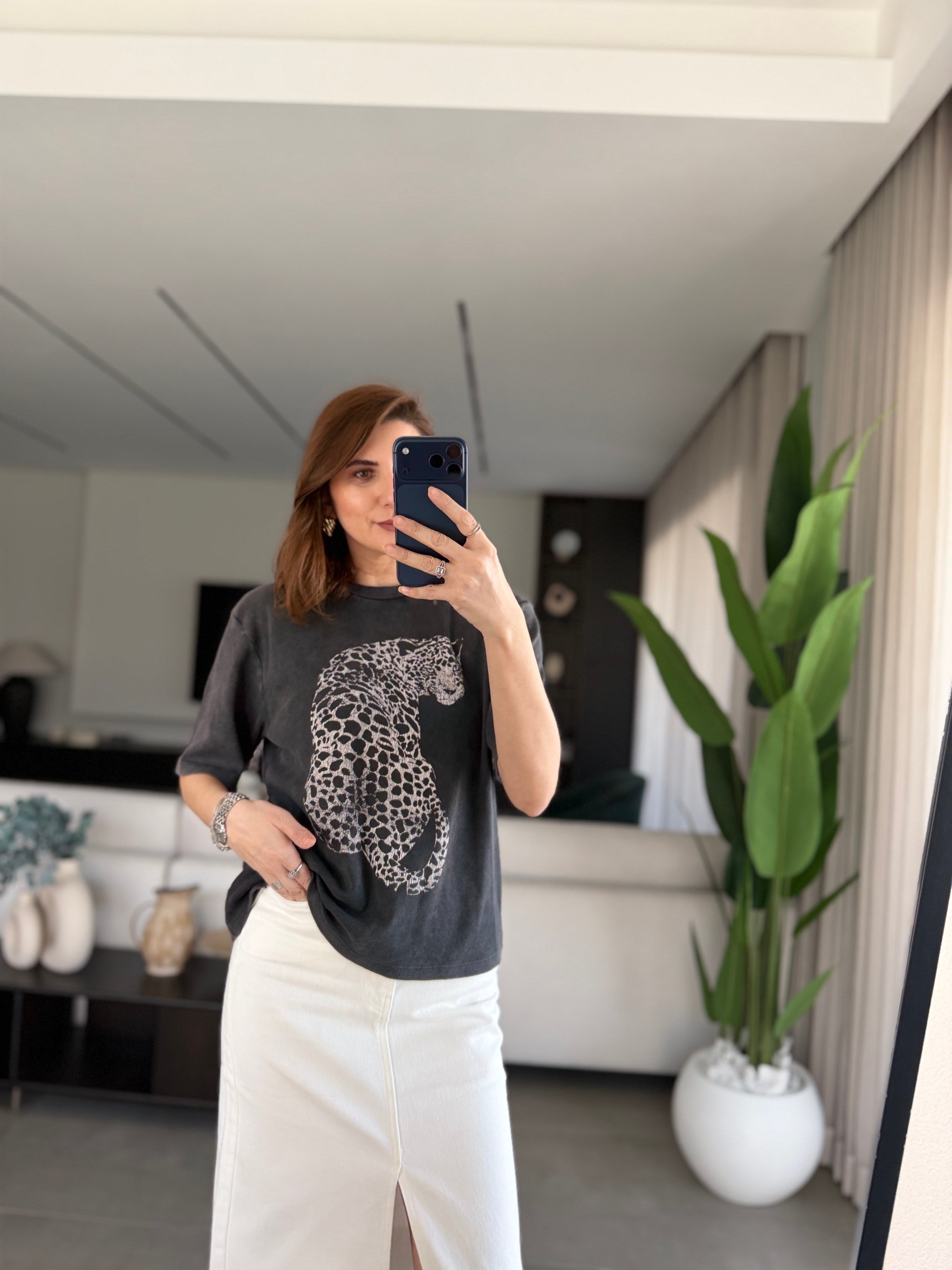 Yıkamalı Leopar Baskılı T-Shirt