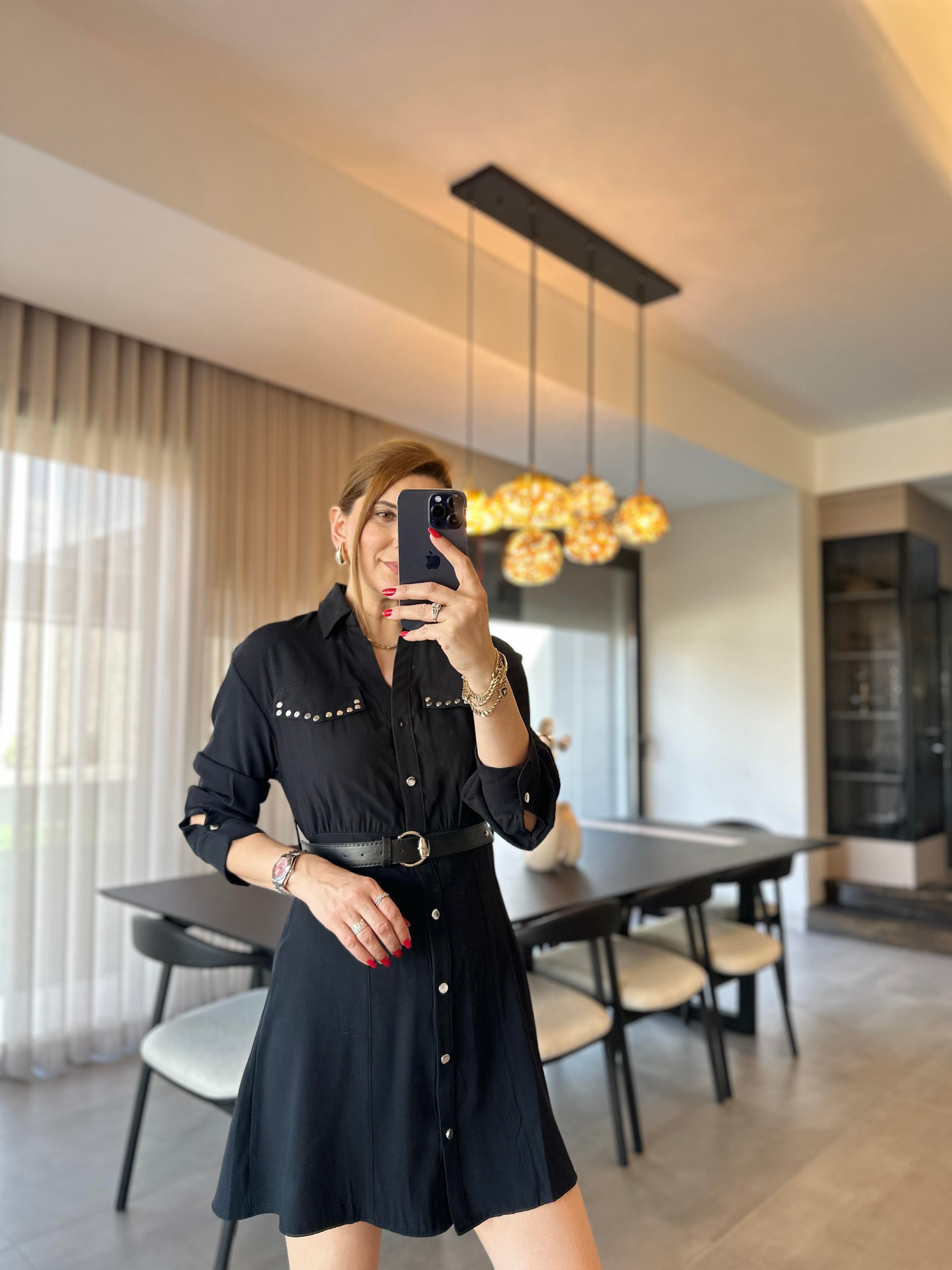 Zımbalı Kemer Detaylı Elbise
