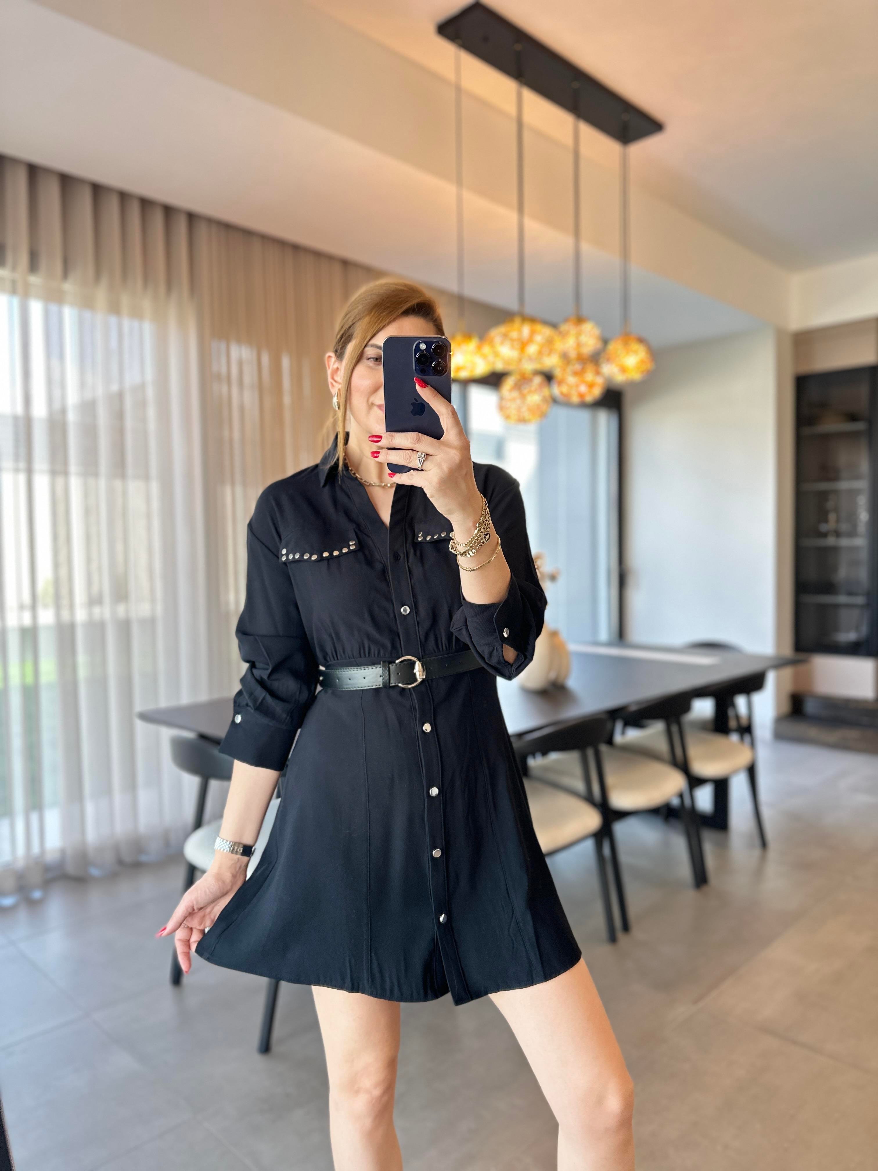 Zımbalı Kemer Detaylı Elbise