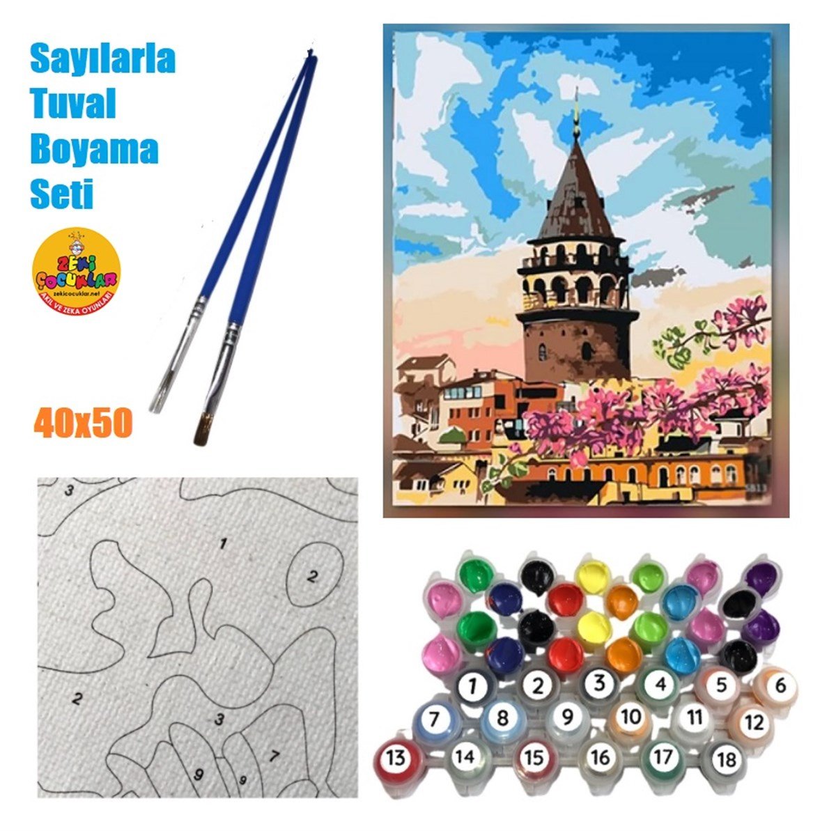 Sayılarla Tuval Boyama Ahşap Çerçeveli Galata Kulesi Rüyası + Fırça + Akrilik Boyalar
