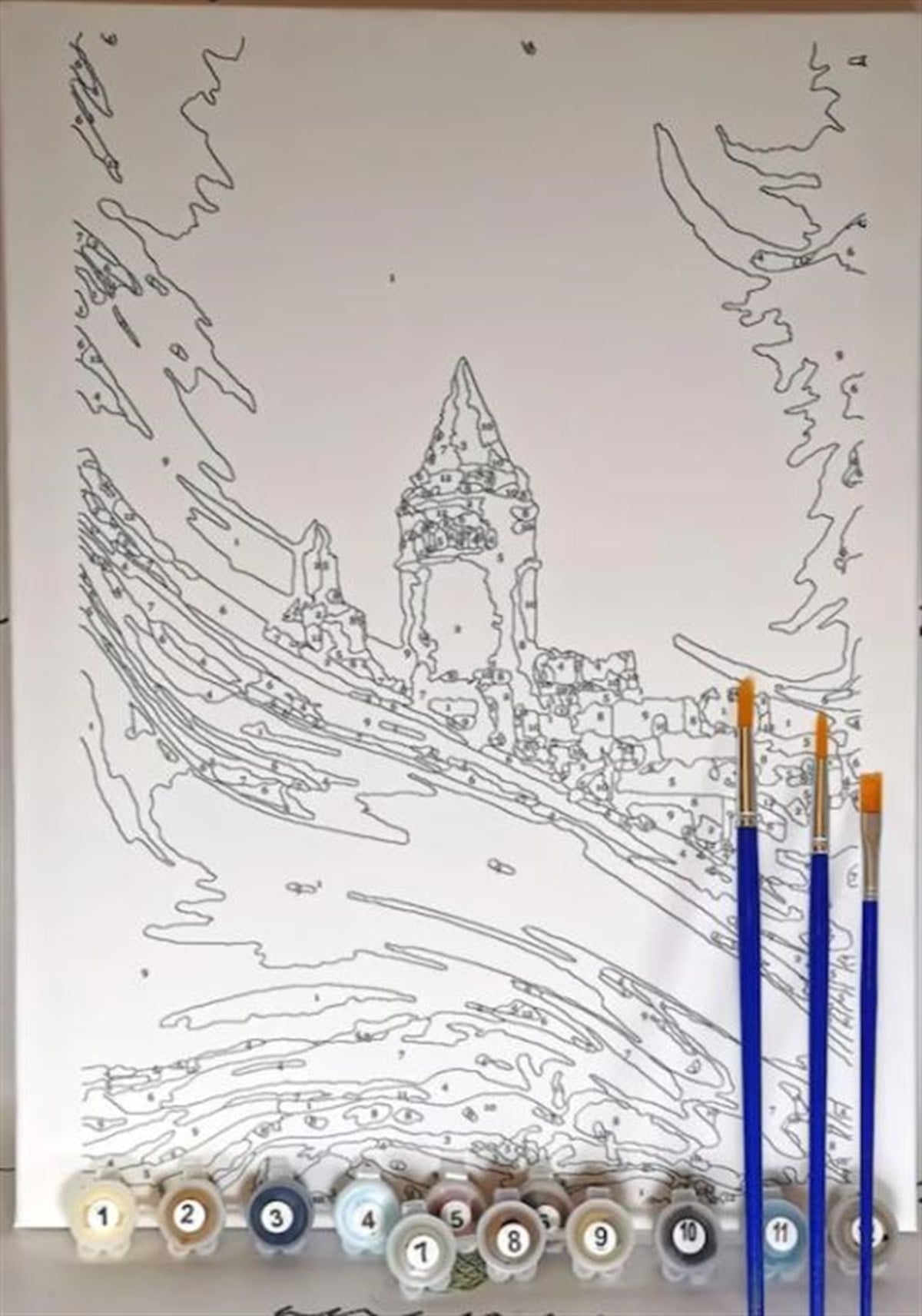 Sayılarla Tuval Boyama Ahşap Çerçeveli Galata Kulesi + Fırçalar + Akrilik Boyalar