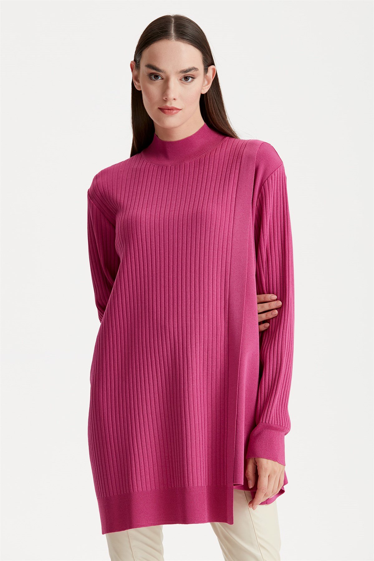 ASİMETRİK DETAYLI RAYON TUNİK FUŞYA