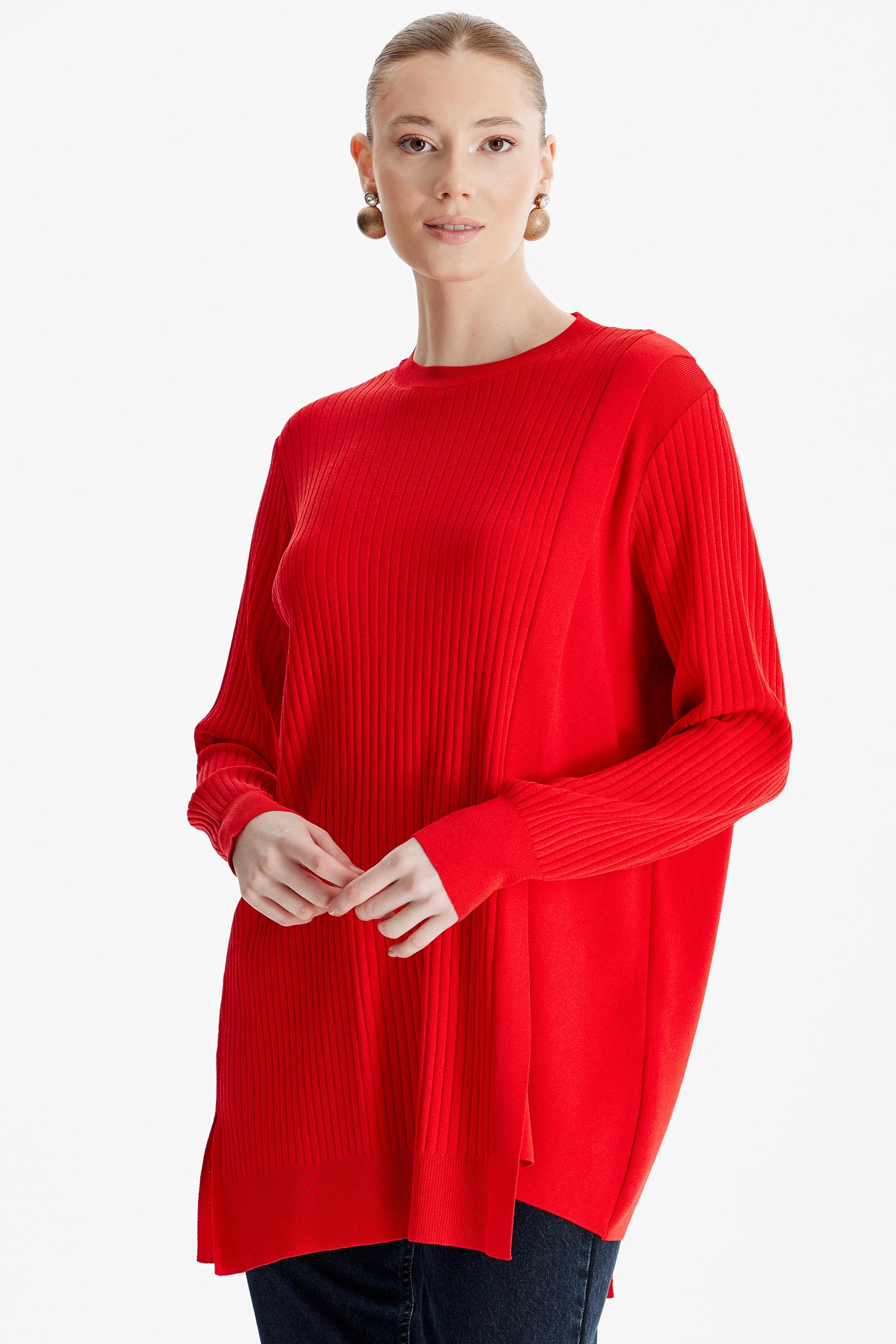 ASİMETRİK DETAYLI RAYON TUNİK KIRMIZI