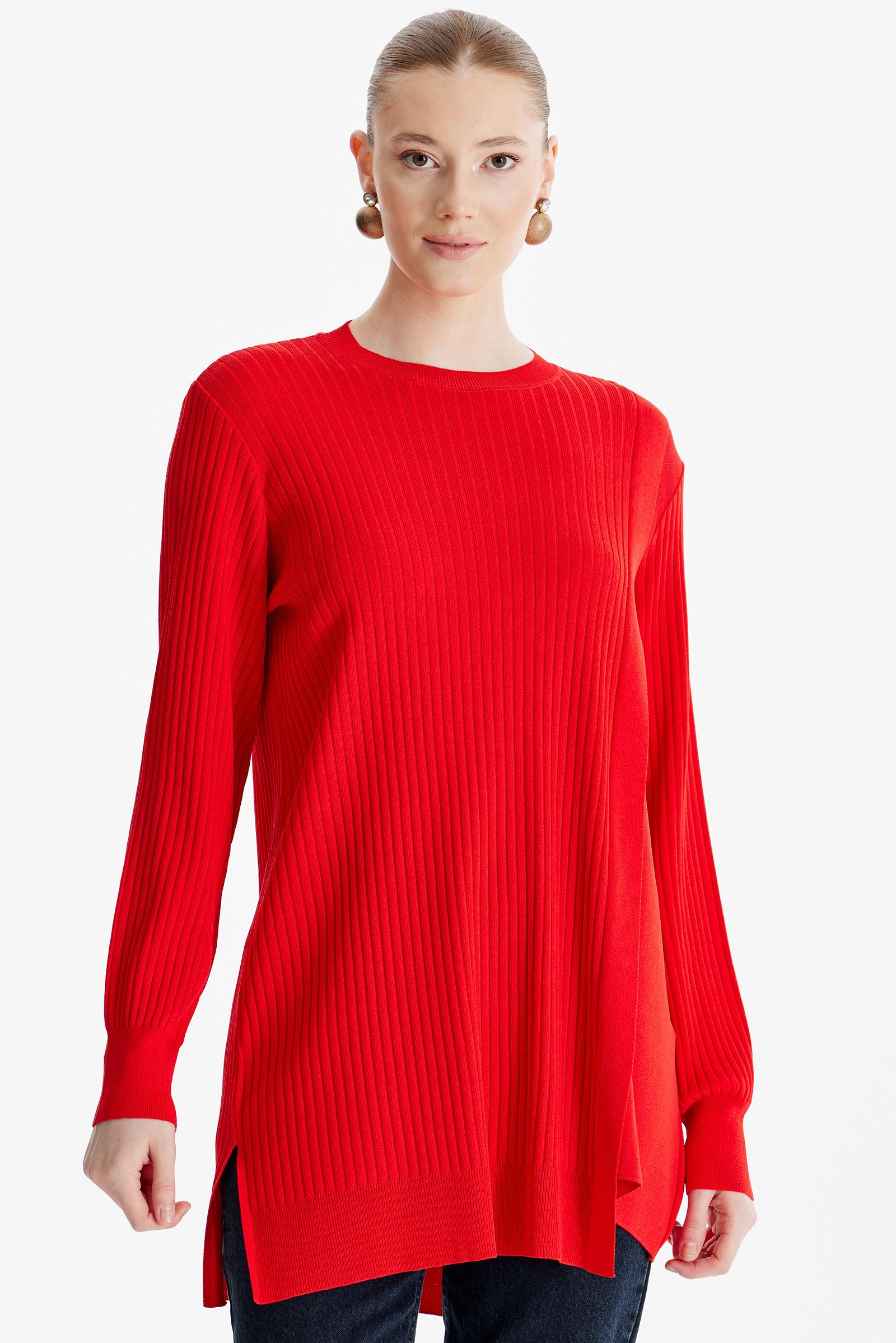 ASİMETRİK DETAYLI RAYON TUNİK KIRMIZI