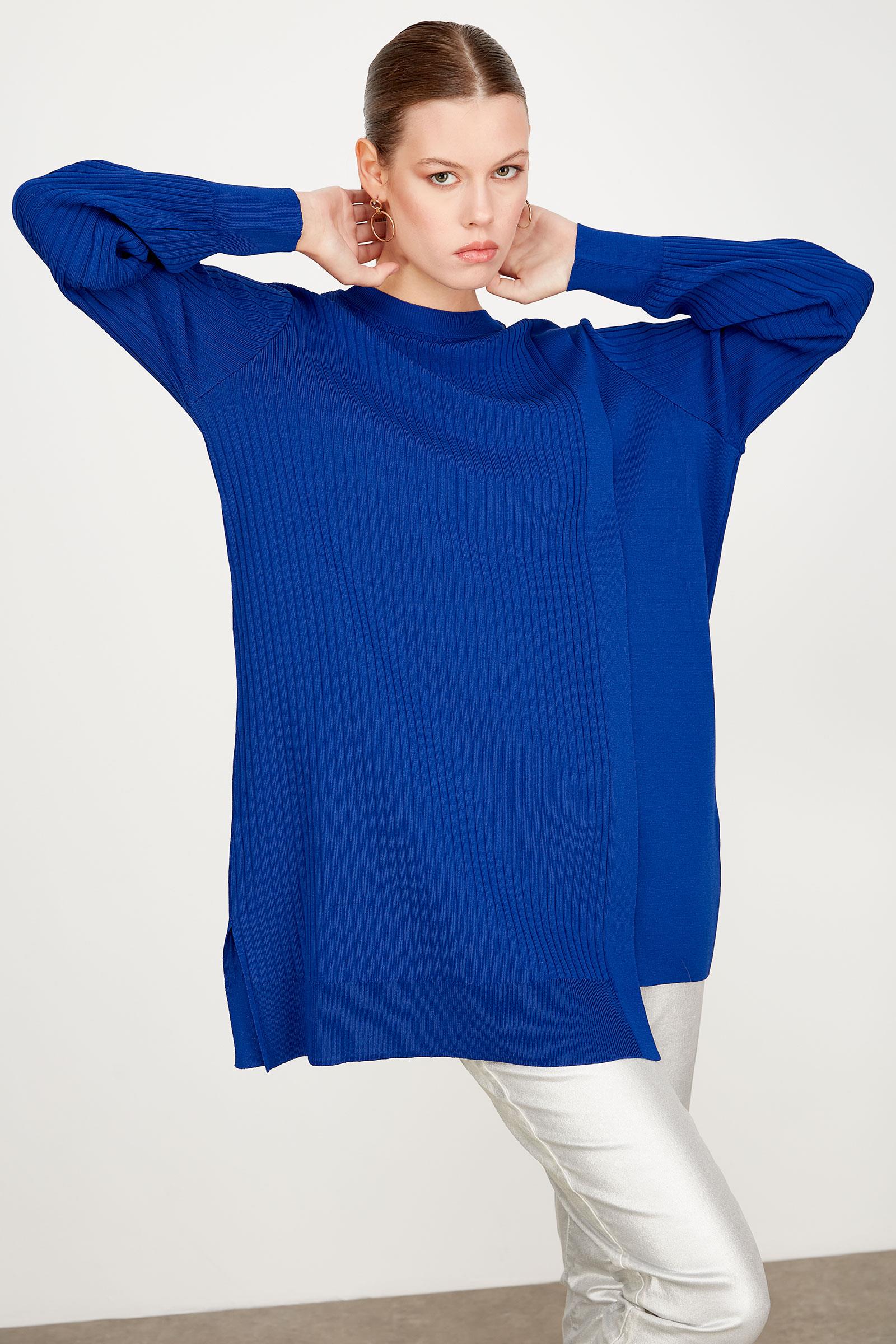 ASİMETRİK DETAYLI RAYON TUNİK SAKS