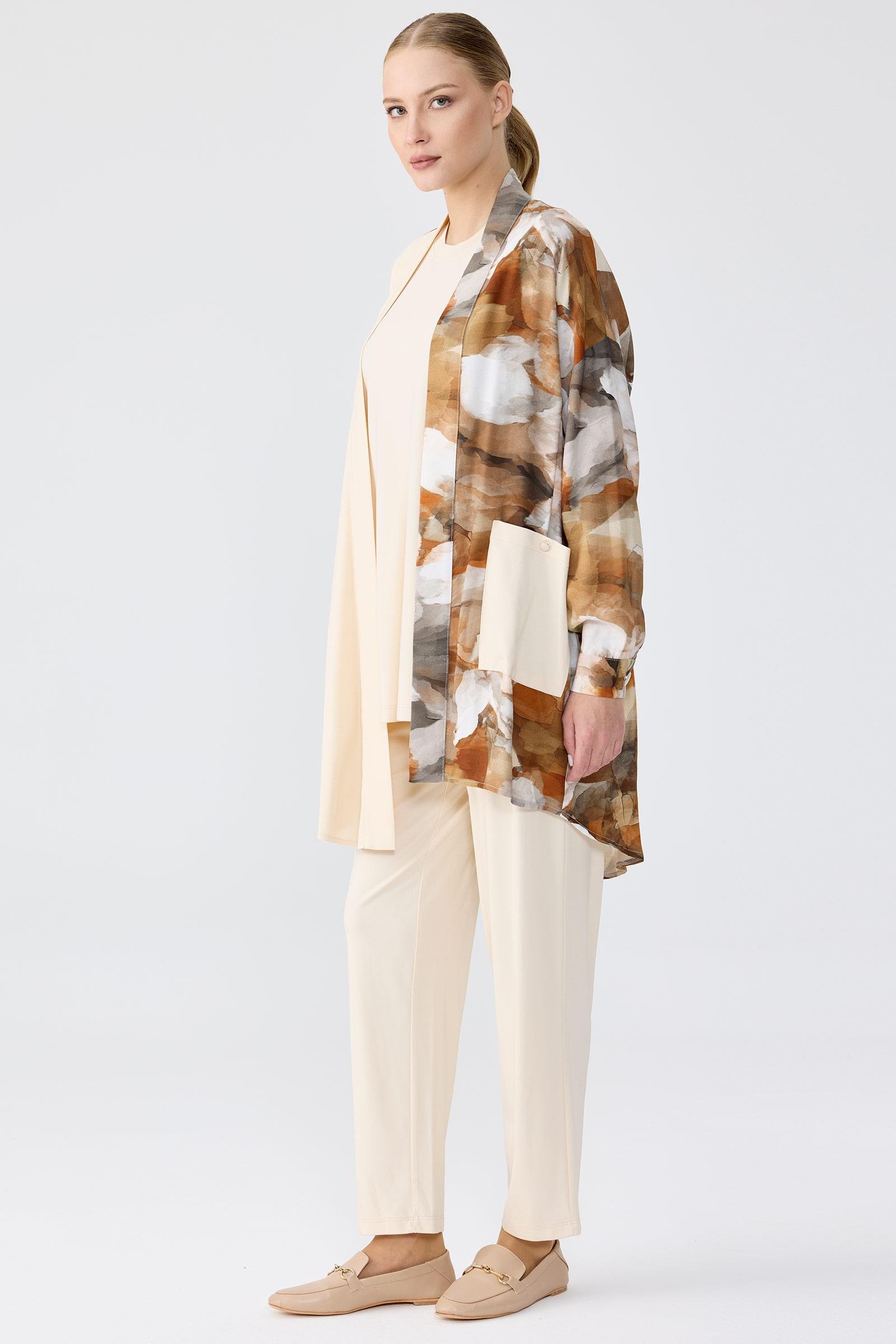 Asimetrik Kesim Suluboya Emprime 3'Lü Takım BEJ