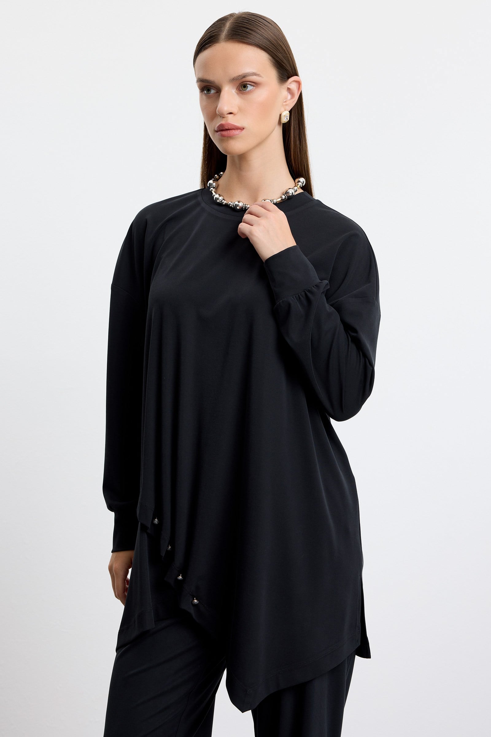 Asimetrik Tunik Pantolonlu Takım SİYAH