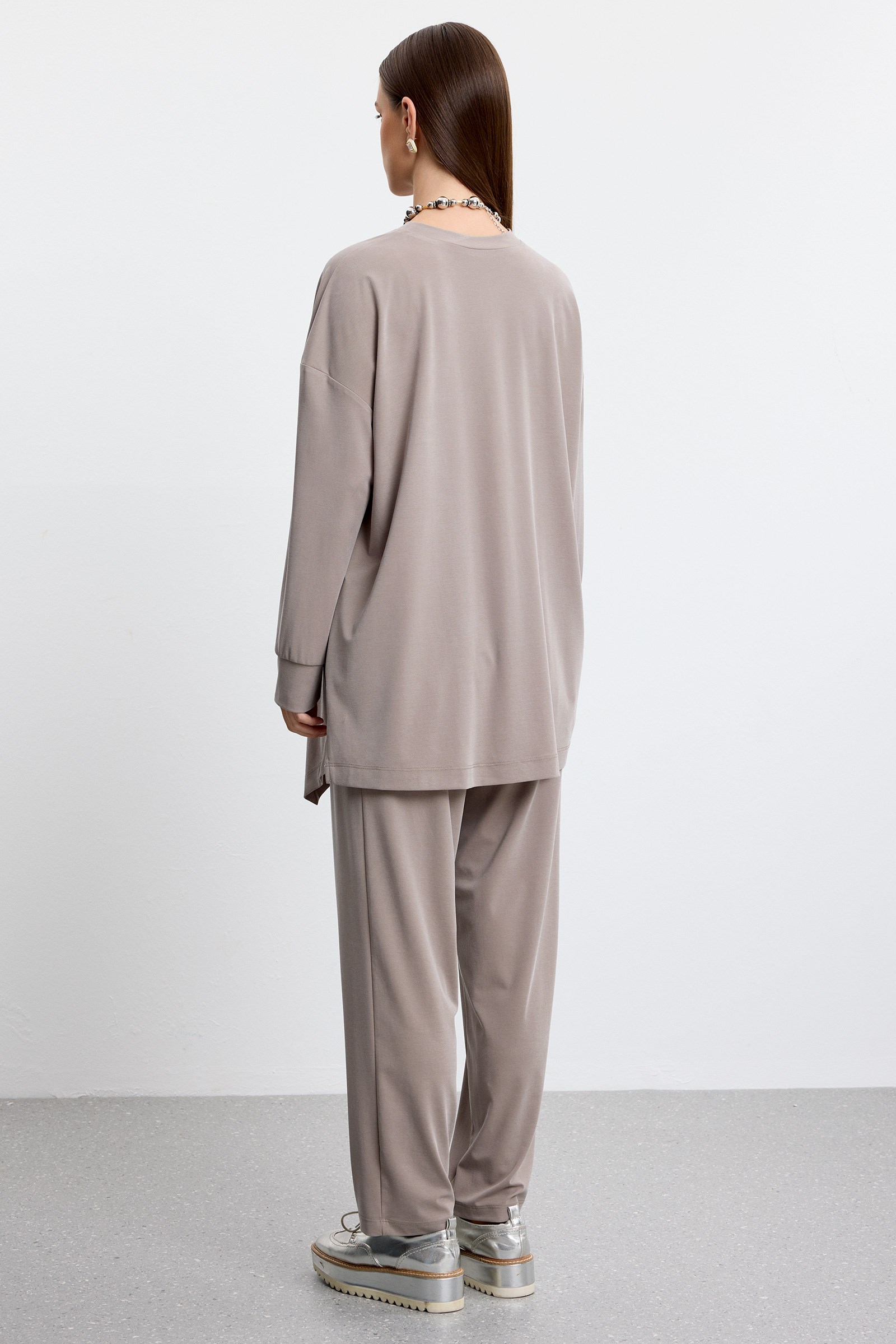 Asimetrik Tunik Pantolonlu Takım VİZON