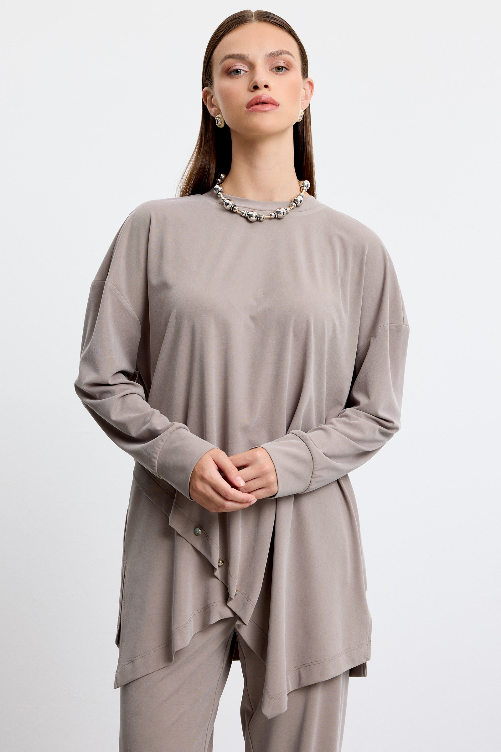 Asimetrik Tunik Pantolonlu Takım VİZON