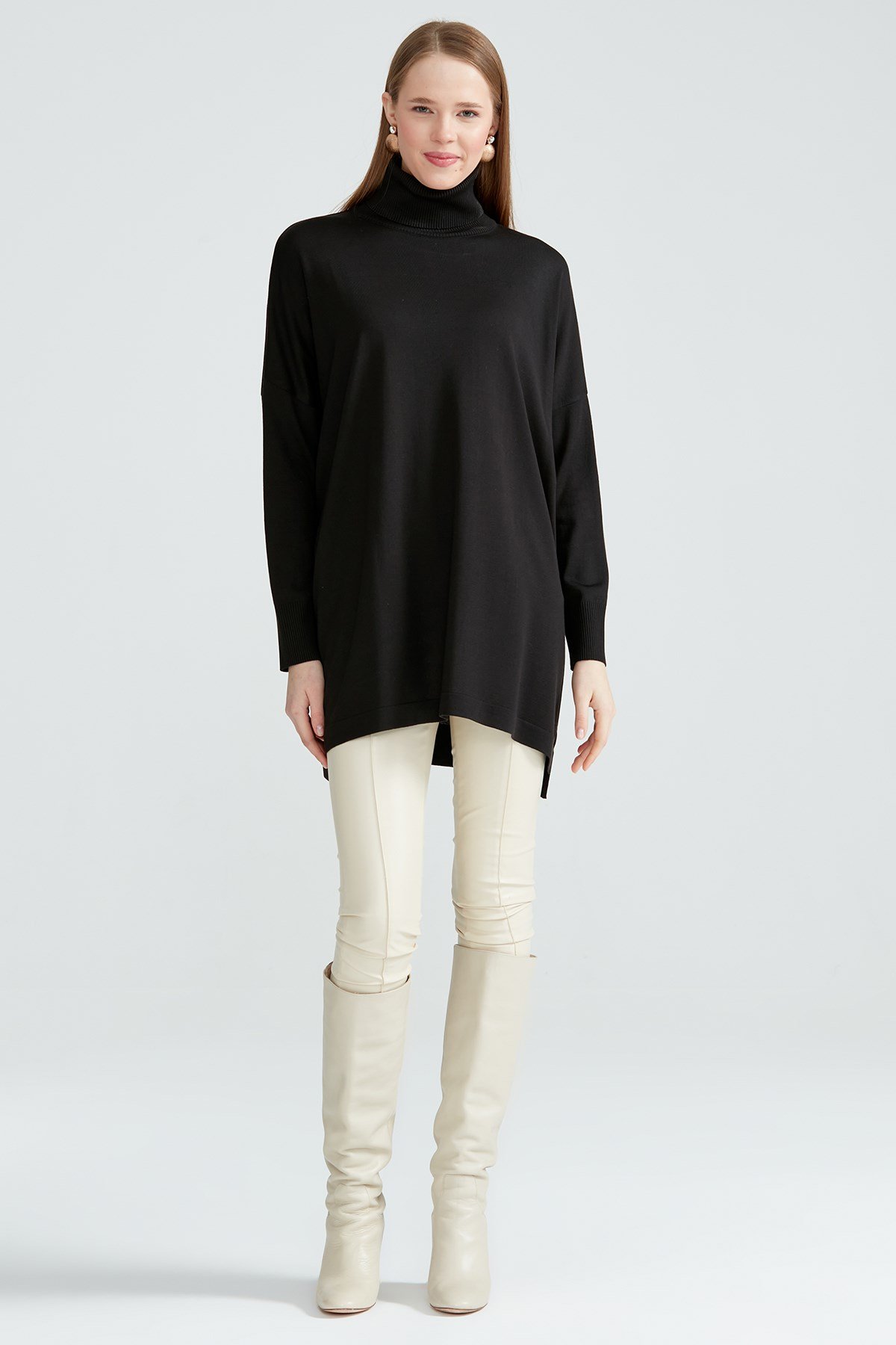 Balıkçı Yaka Oversize Basic Triko Tunik SİYAH