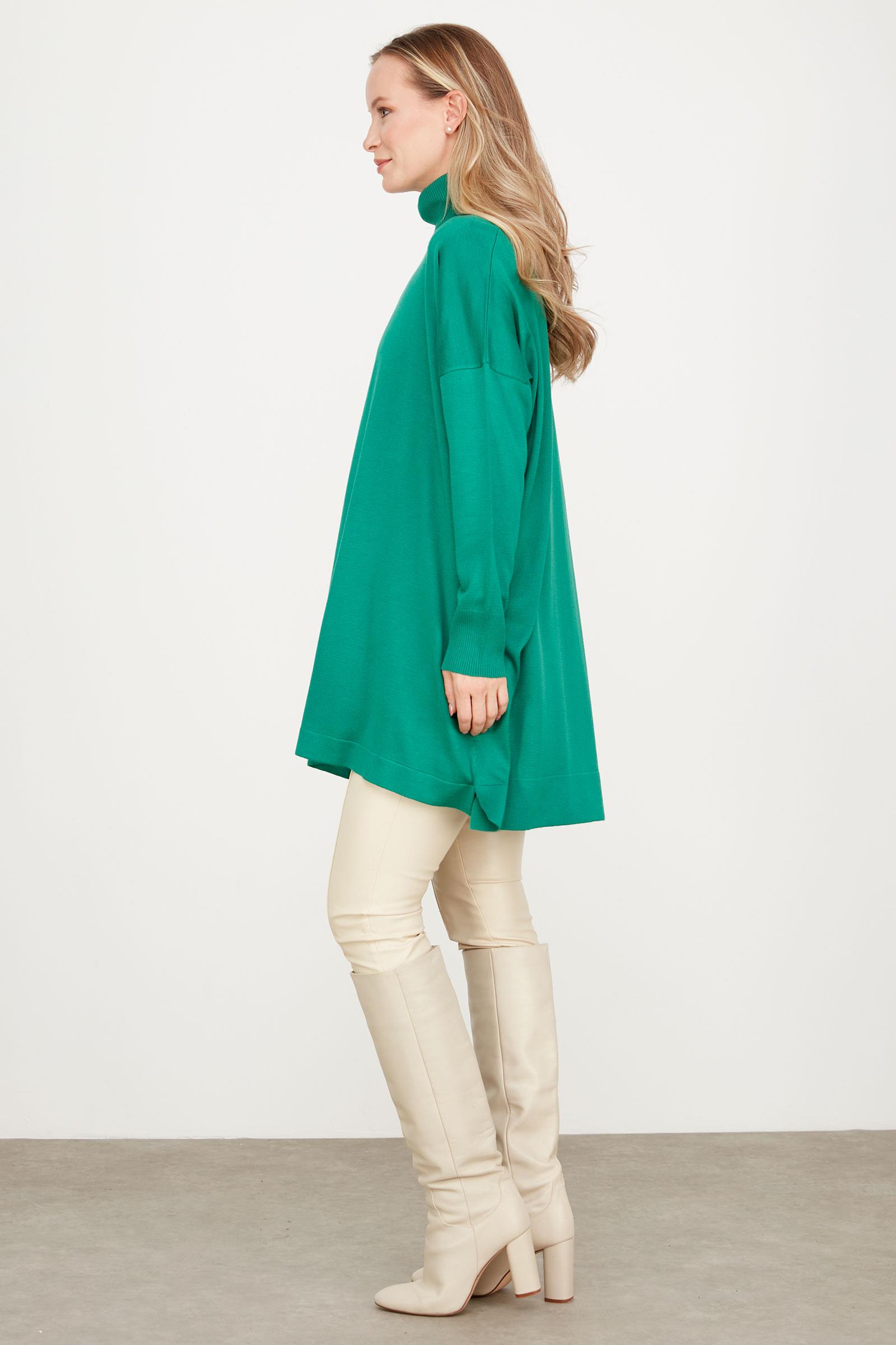 Balıkçı Yaka Oversize Basic Triko Tunik YEŞİL