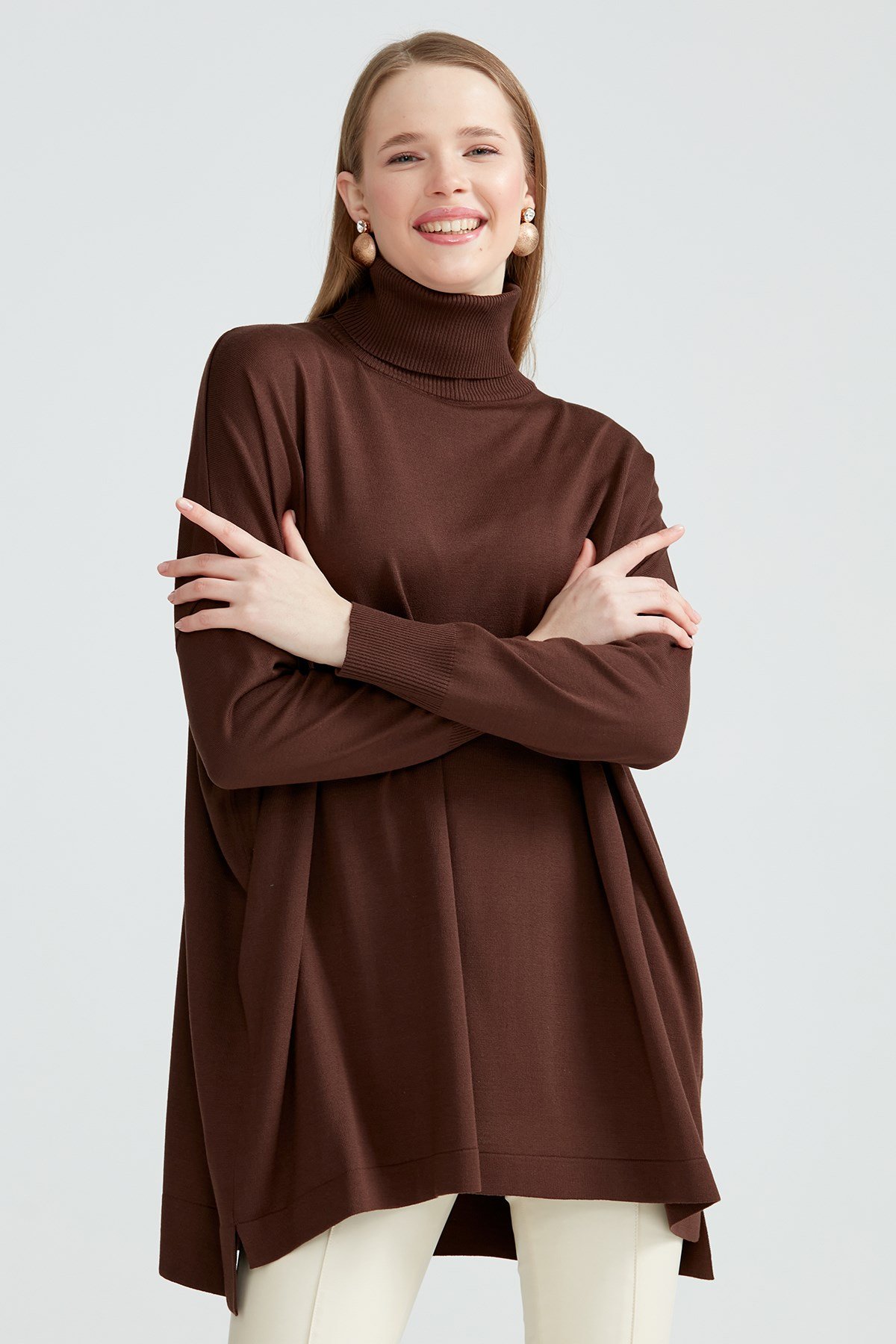Balıkçı Yaka Oversize Basic Triko Tunik ACI KAHVE