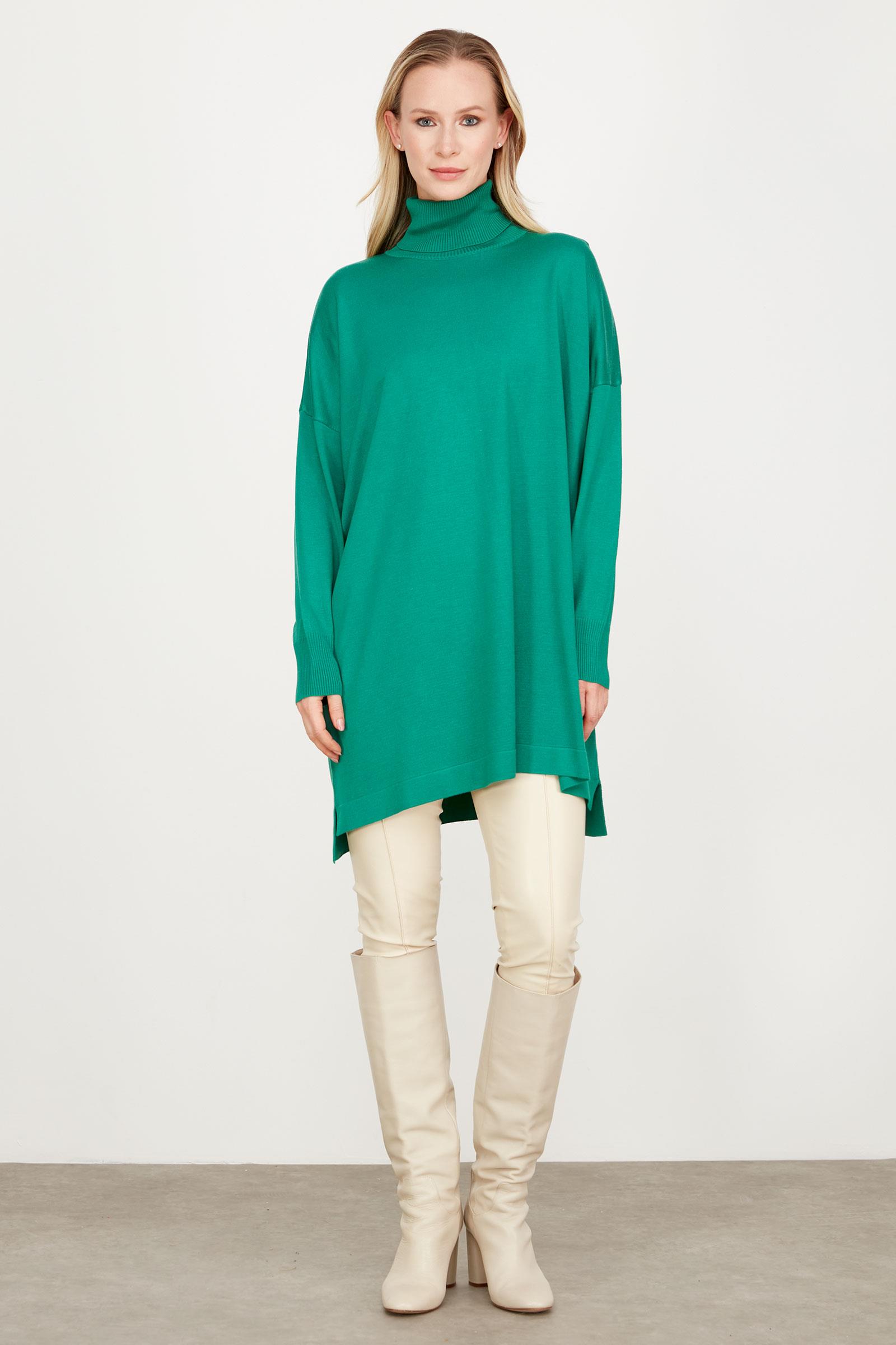 Balıkçı Yaka Oversize Basic Triko Tunik YEŞİL