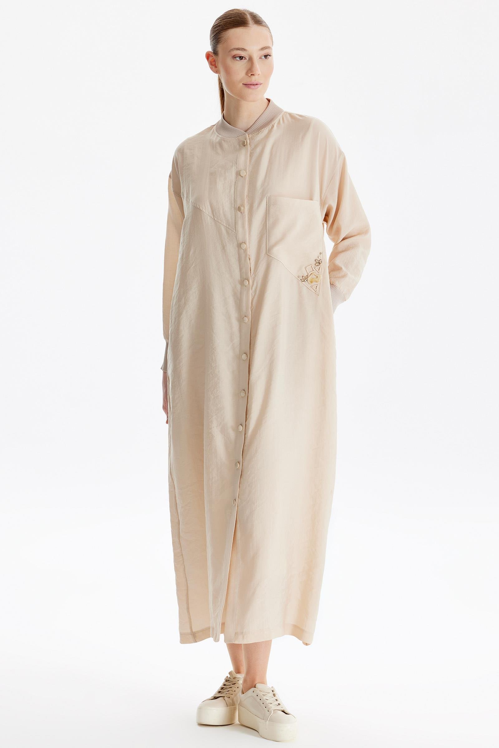 Bomber Yaka Cebi İşlemeli Hırka BEJ