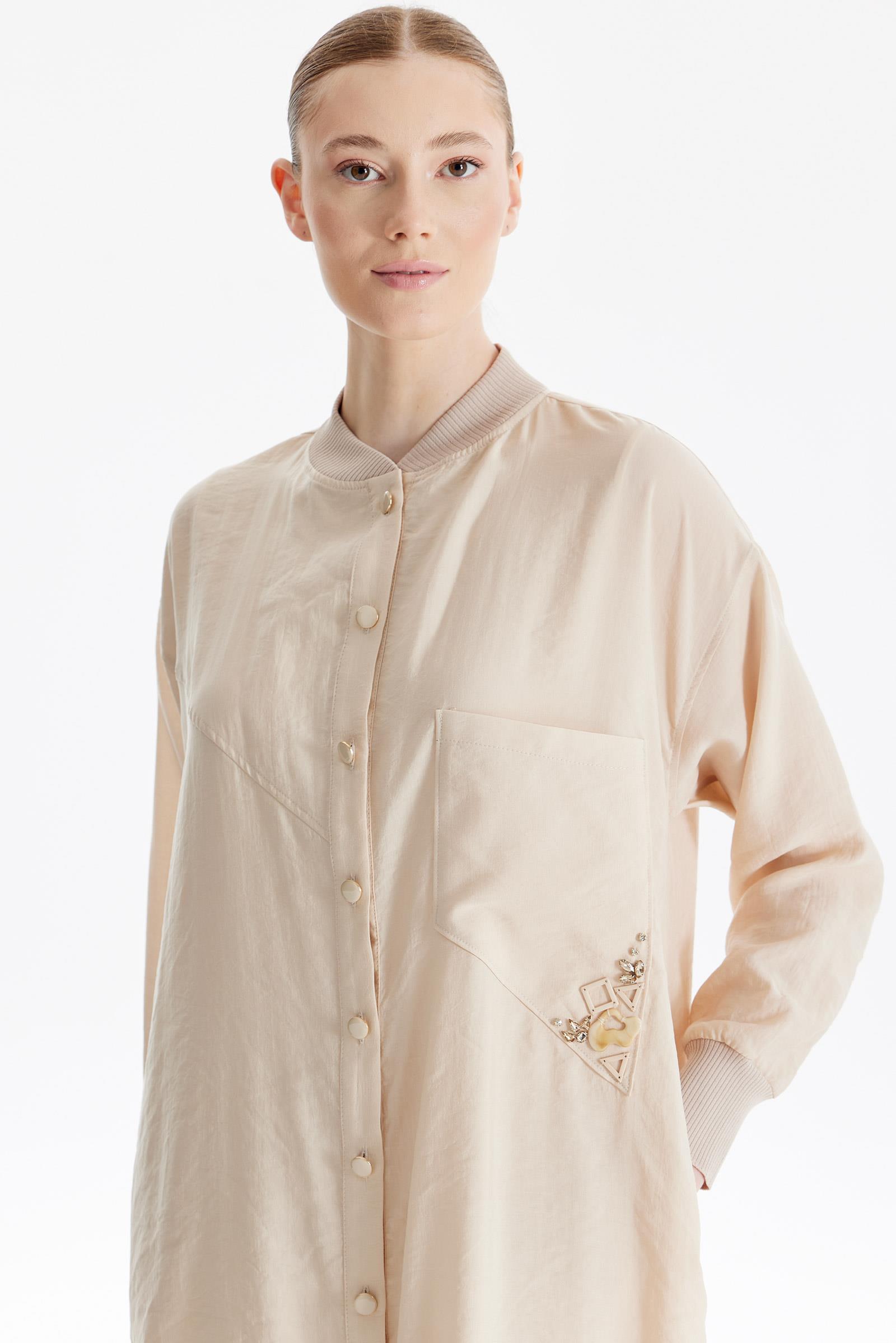 Bomber Yaka Cebi İşlemeli Hırka BEJ