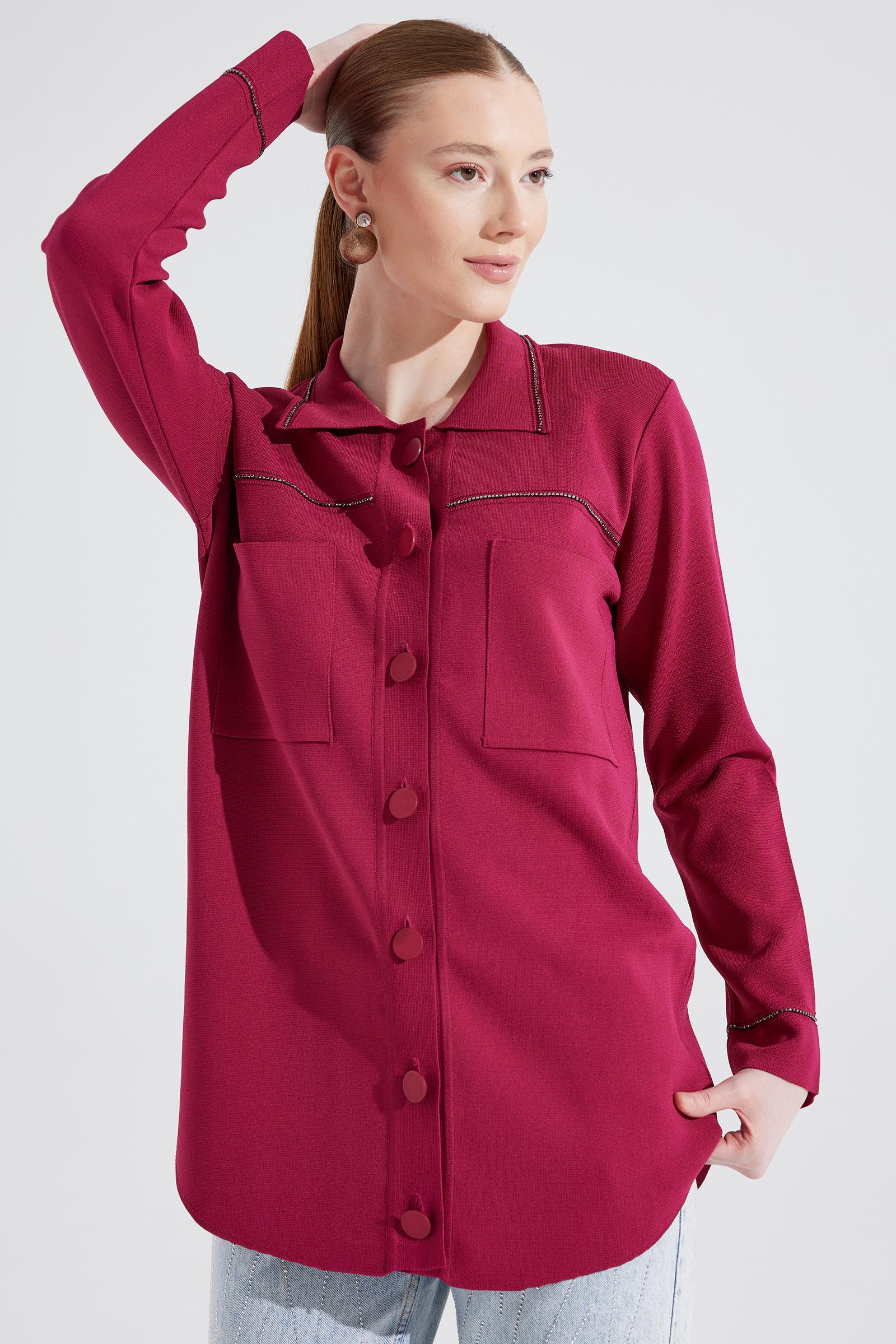 Cep Detaylı Polo Yakalı Rayon Triko Hırka FUŞYA