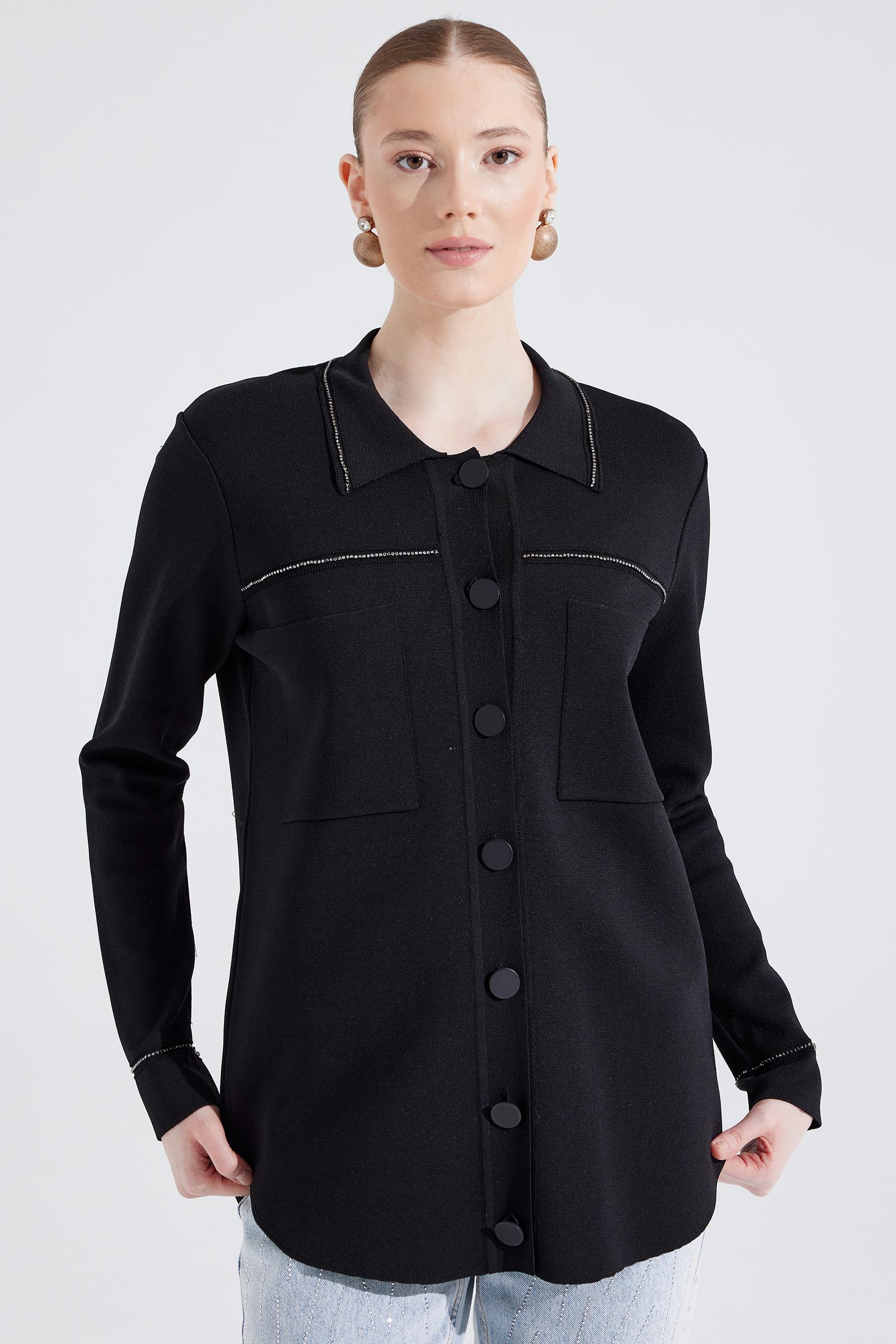Cep Detaylı Polo Yakalı Rayon Triko Hırka SİYAH