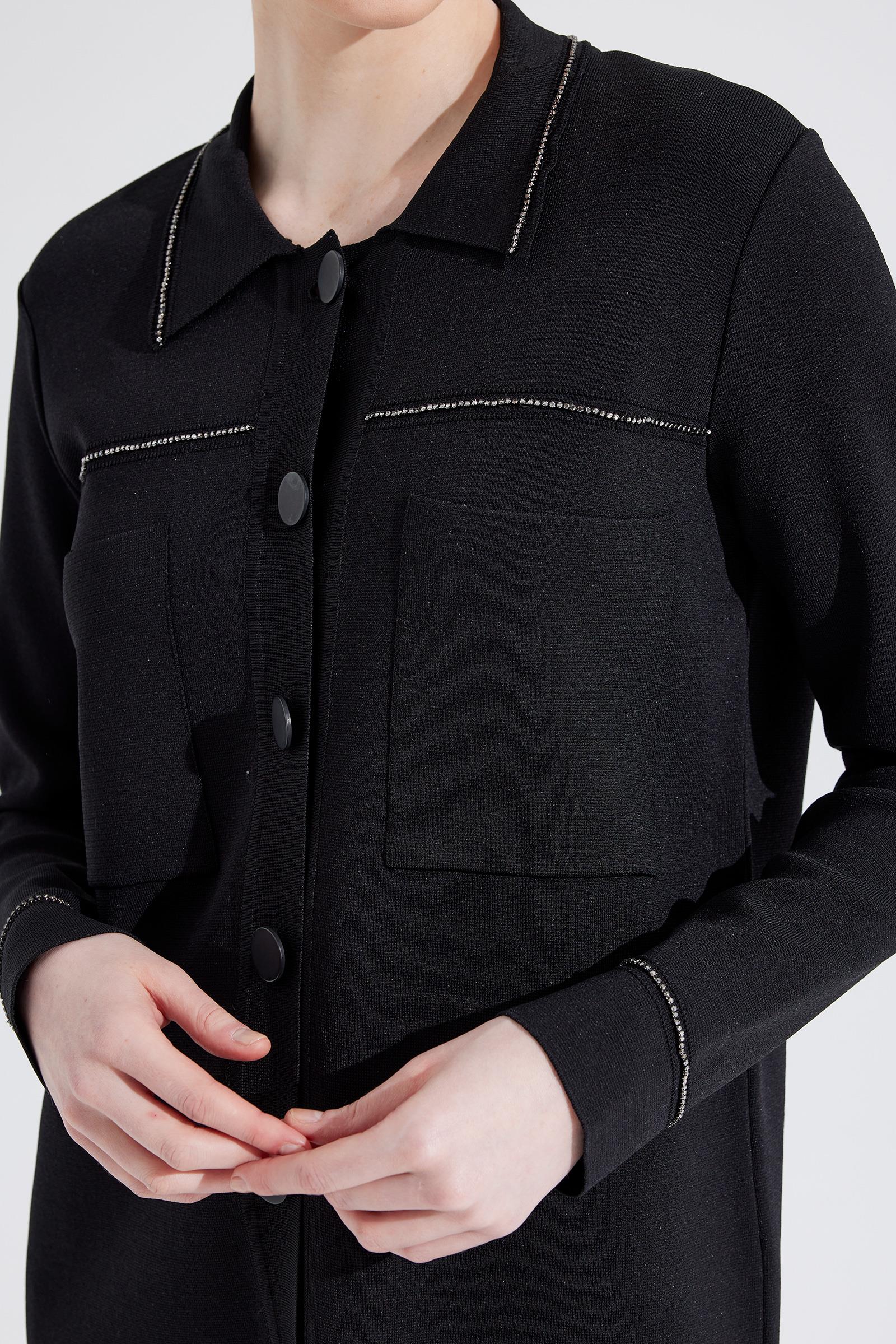 Cep Detaylı Polo Yakalı Rayon Triko Hırka SİYAH