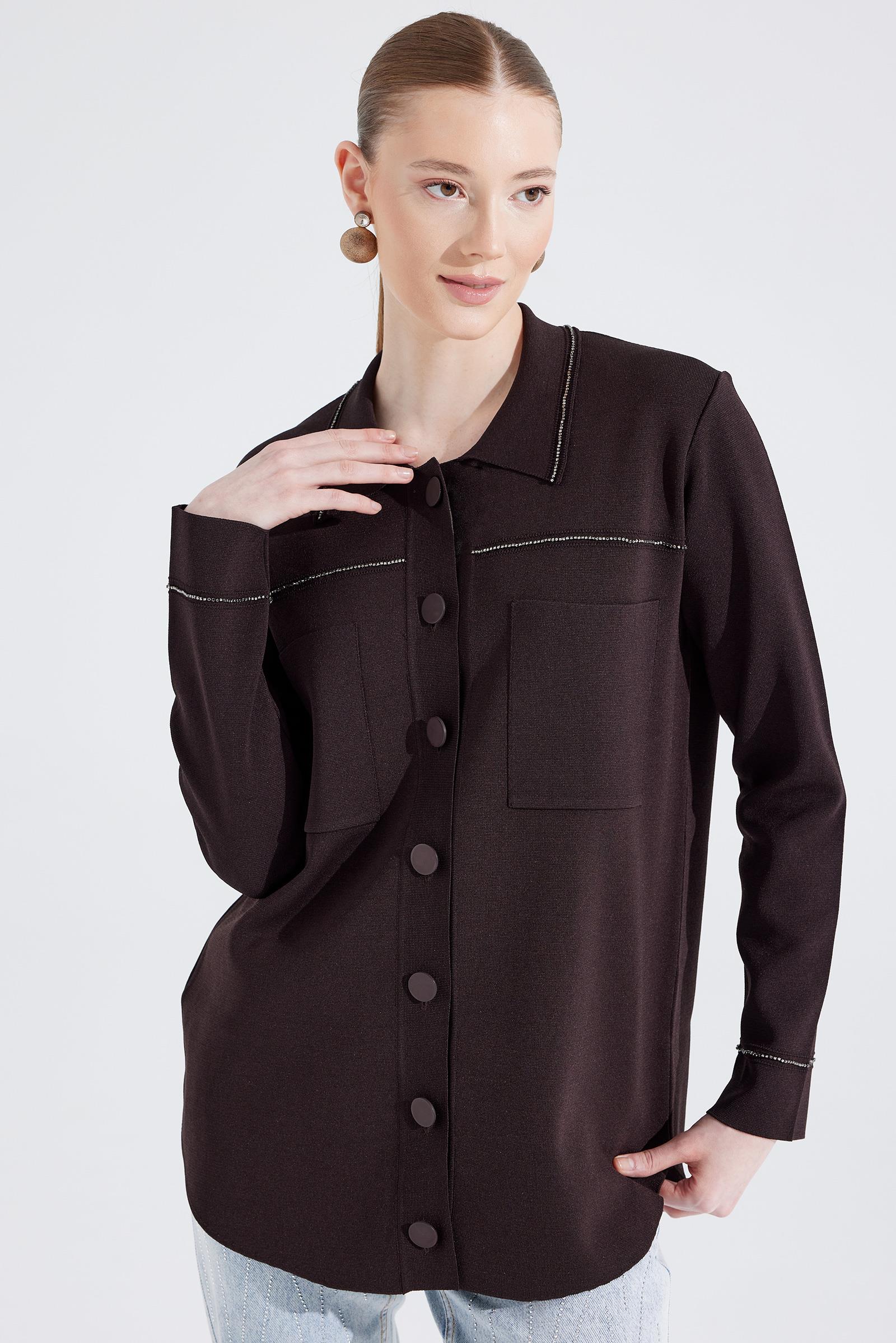 Cep Detaylı Polo Yakalı Rayon Triko Hırka KAHVE