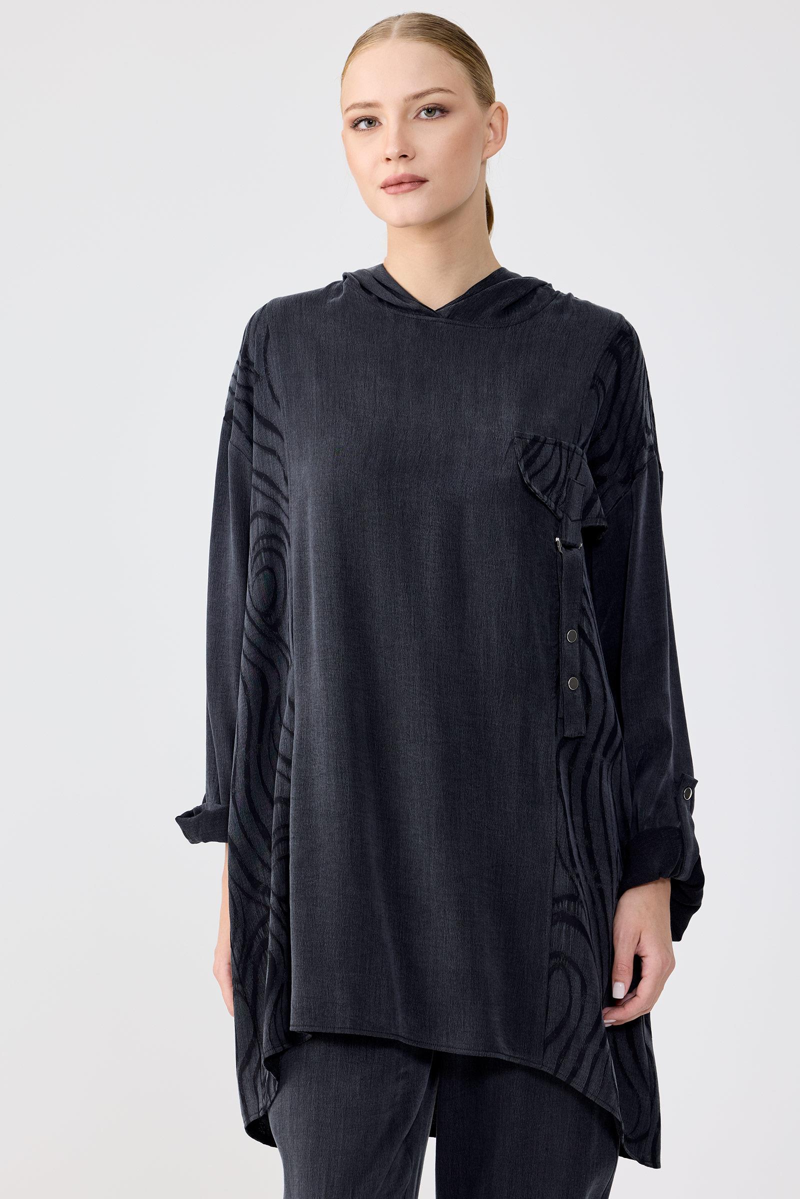 Cep Kapağı Detaylı Kapüşonlu Tunik Pantolon Takım SİYAH