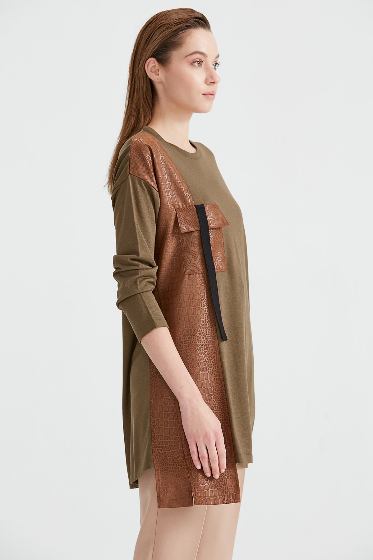 Cepli Kumaş Kombinli Triko Tunik