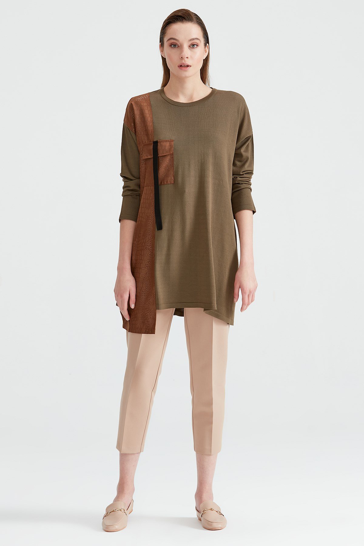 Cepli Kumaş Kombinli Triko Tunik