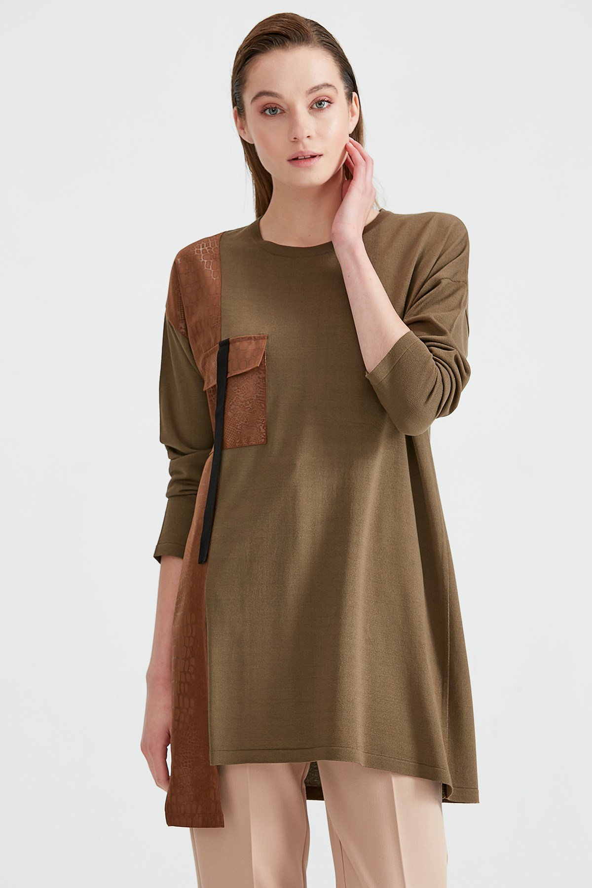 Cepli Kumaş Kombinli Triko Tunik