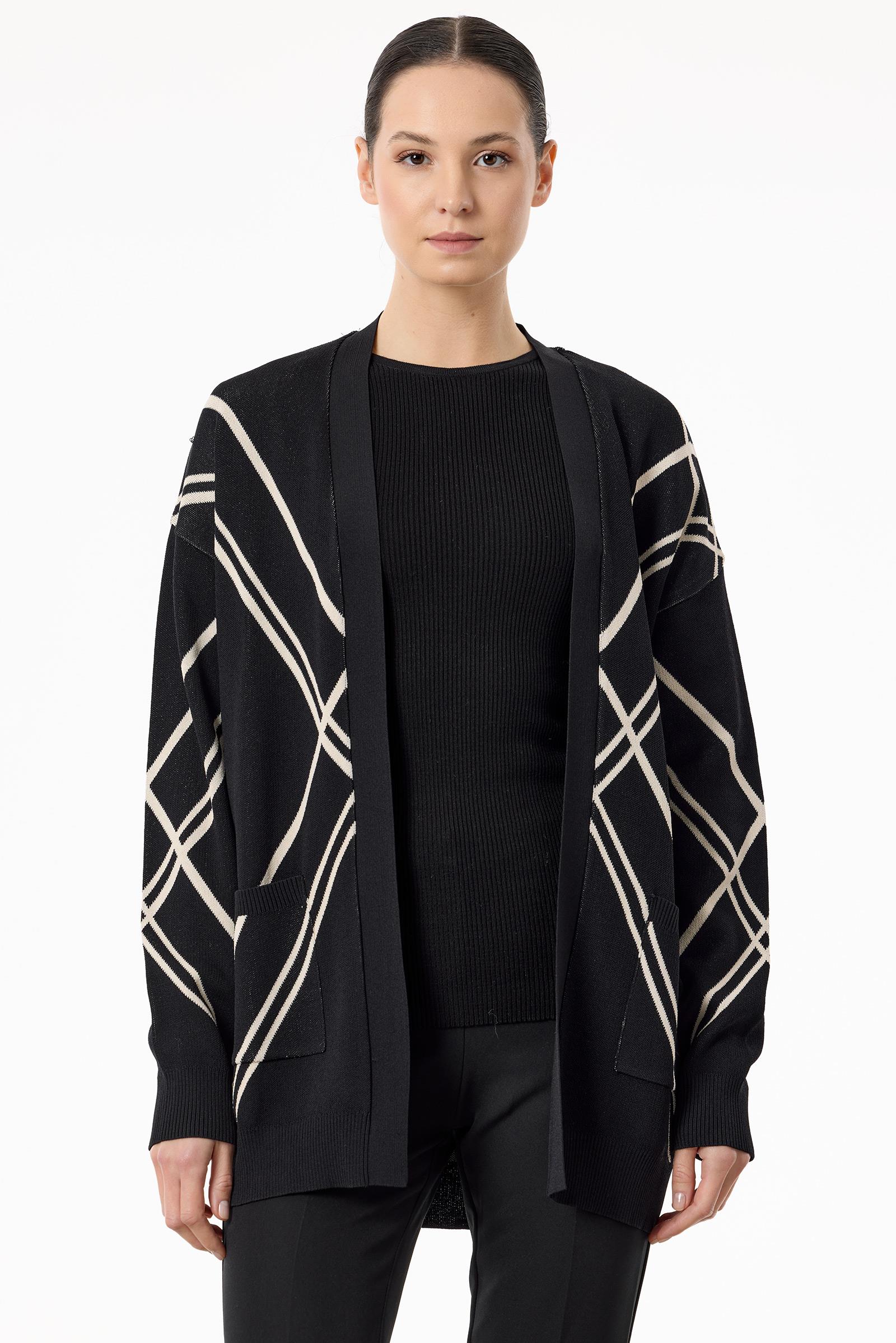 Cepli Verev Çizgili Rayon Hırka SİYAH-BEJ