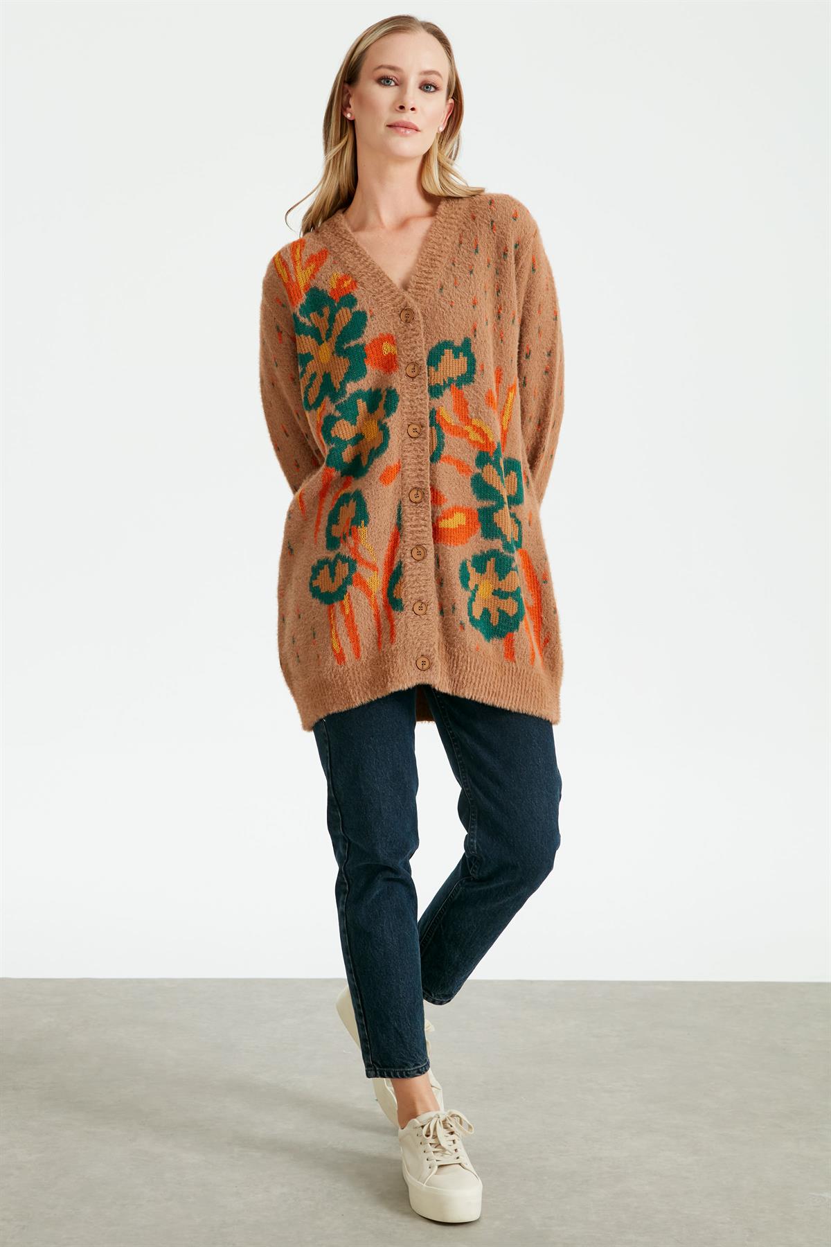 Çiçek Desenli Hırka Camel