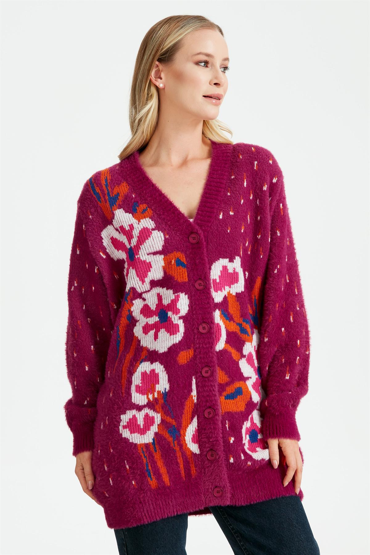 ÇİÇEK DESENLİ HIRKA FUŞYA