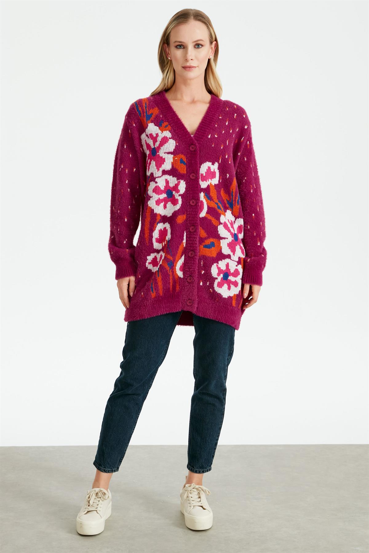 ÇİÇEK DESENLİ HIRKA FUŞYA