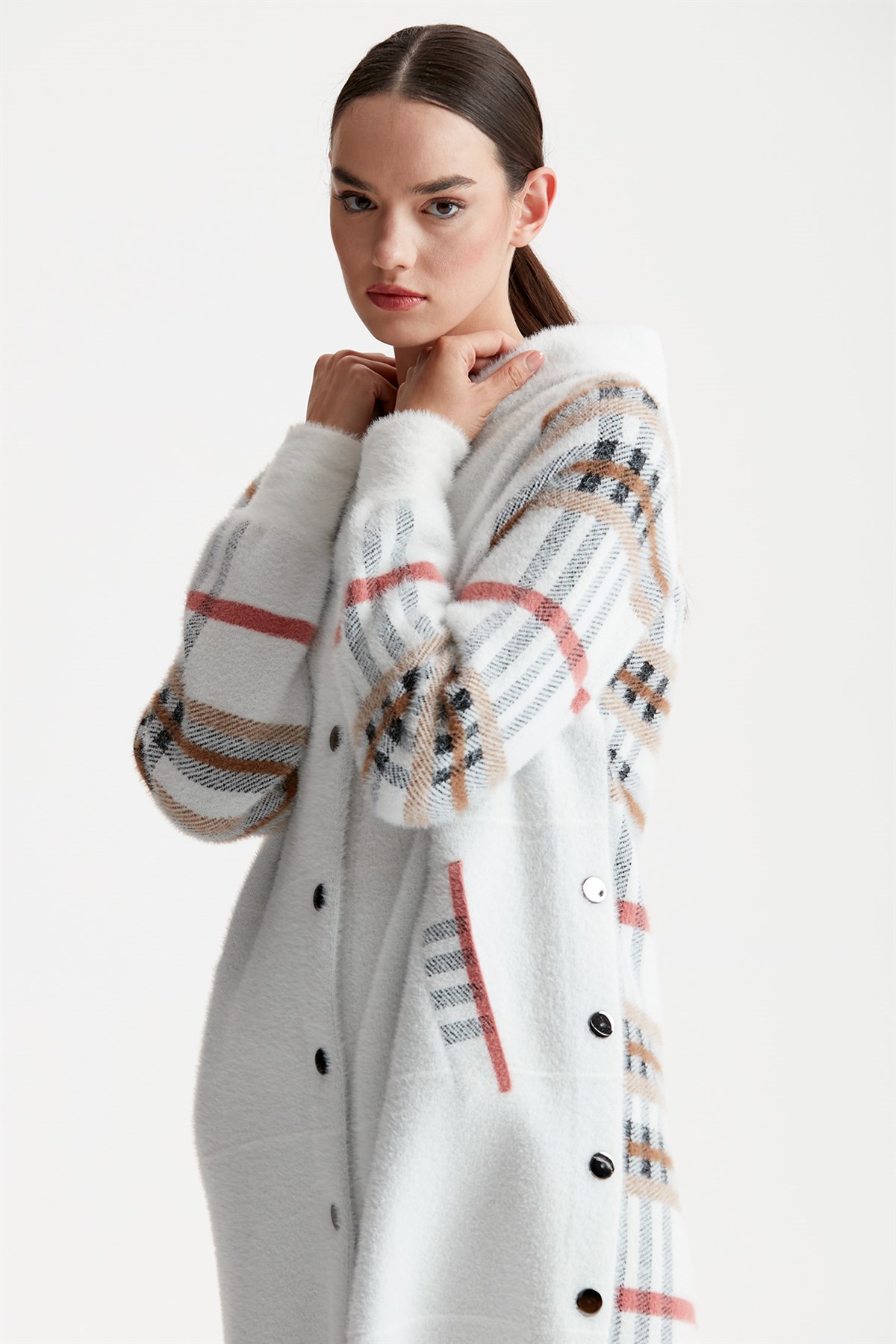 ÇITÇIT DETAYLI KAPŞONLU TRİKO MİNK KABAN EKRU