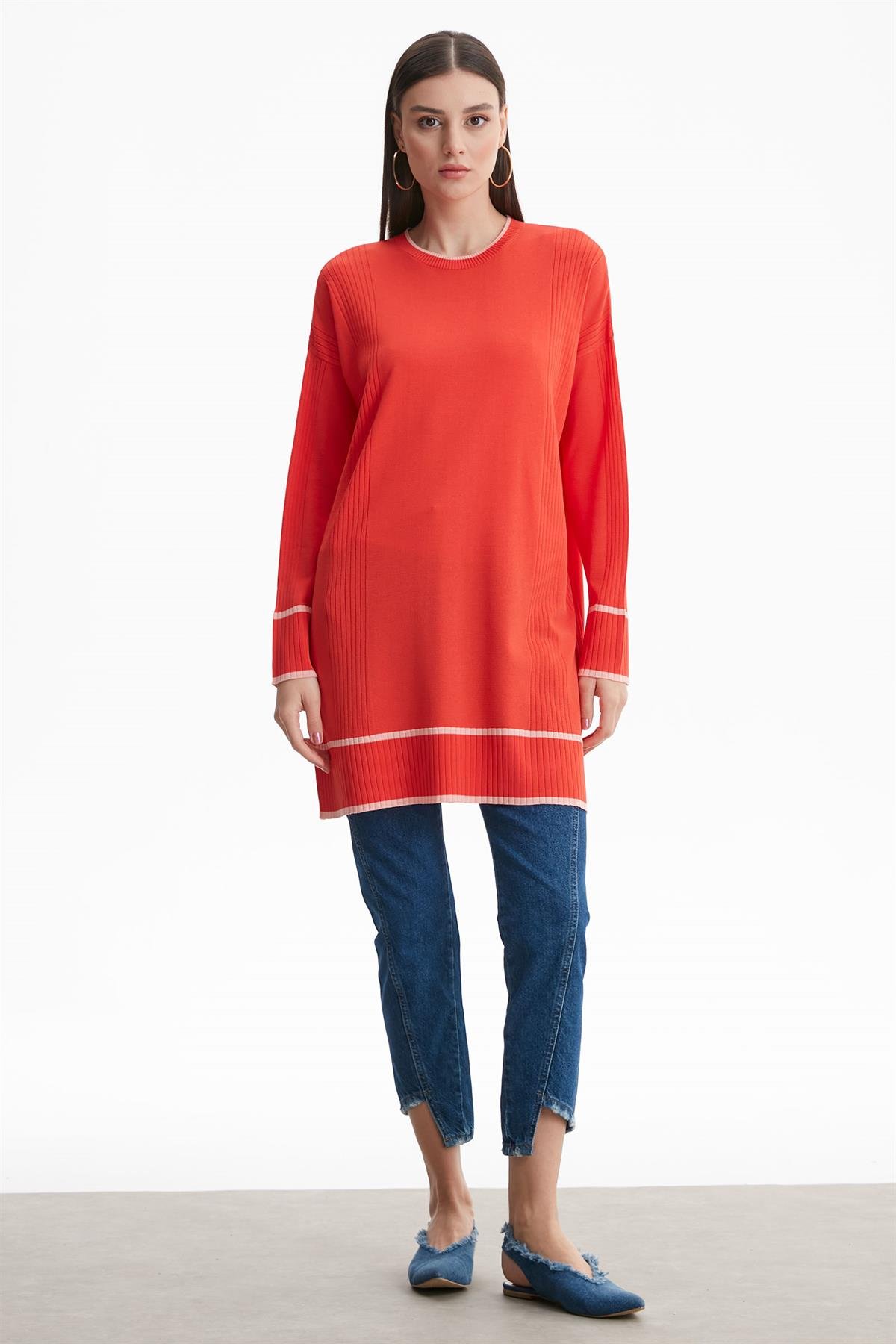 ÇİZGİ DETAYLI RAYON TUNİK CORAL
