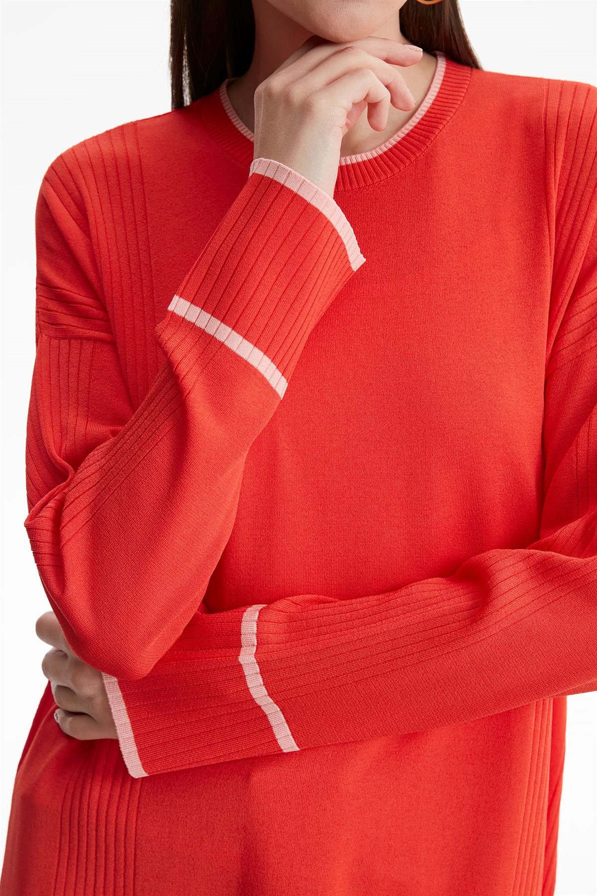 ÇİZGİ DETAYLI RAYON TUNİK CORAL