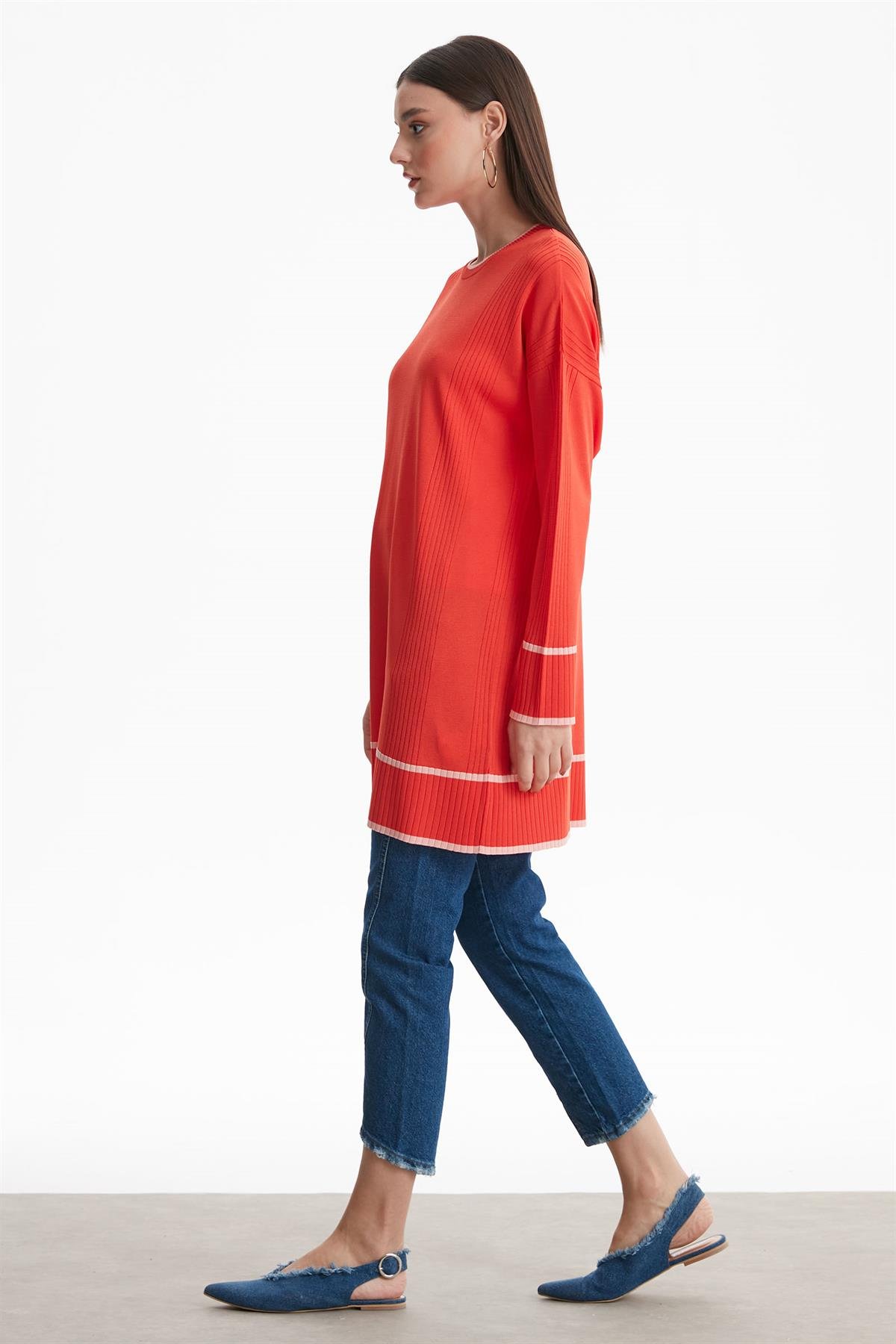 ÇİZGİ DETAYLI RAYON TUNİK CORAL