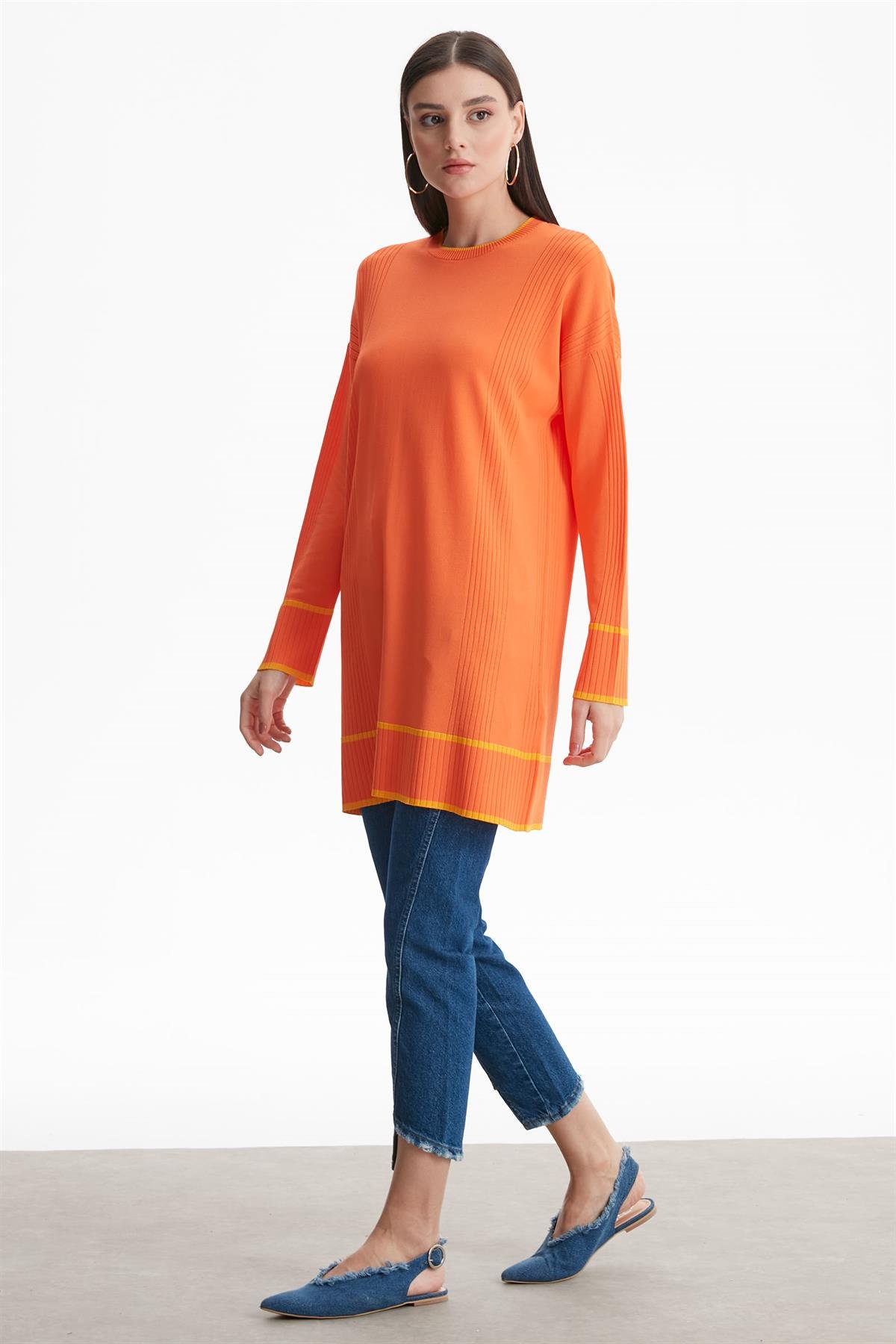 ÇİZGİ DETAYLI RAYON TUNİK ORANJ