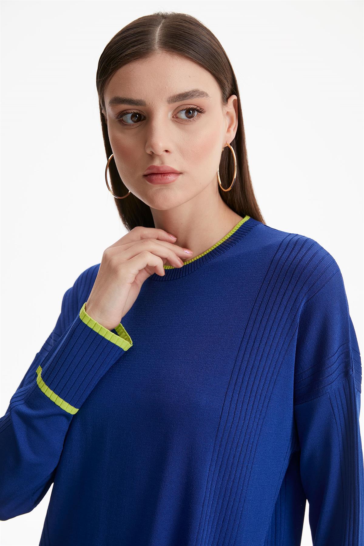 ÇİZGİ DETAYLI RAYON TUNİK SAKS