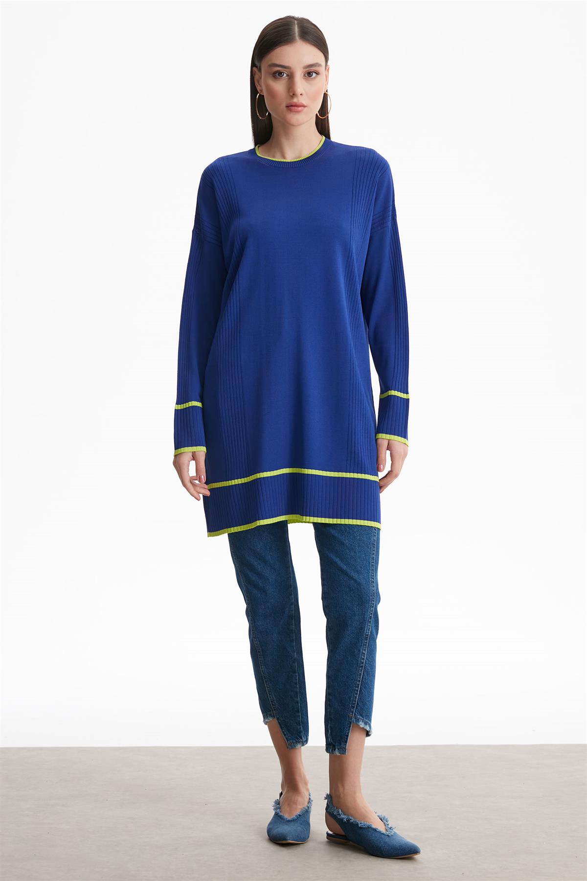 ÇİZGİ DETAYLI RAYON TUNİK SAKS