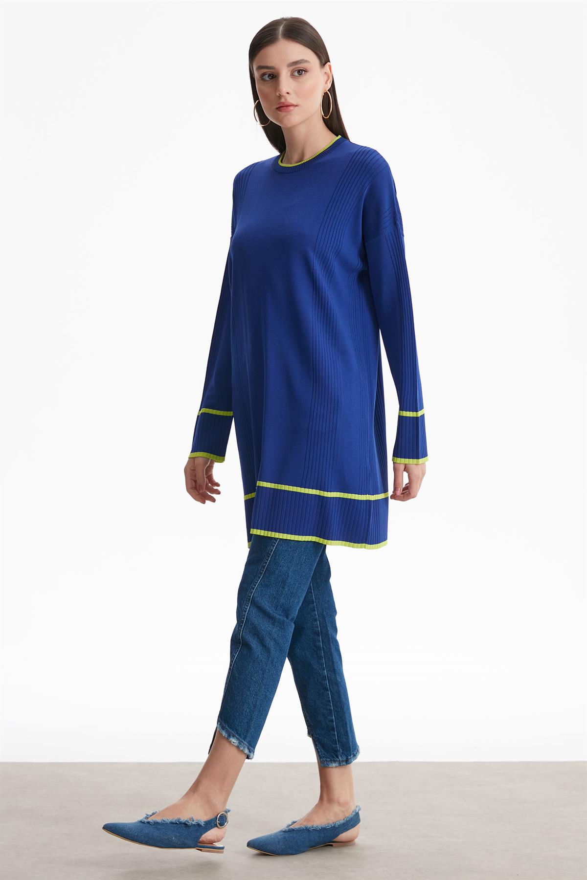 ÇİZGİ DETAYLI RAYON TUNİK SAKS