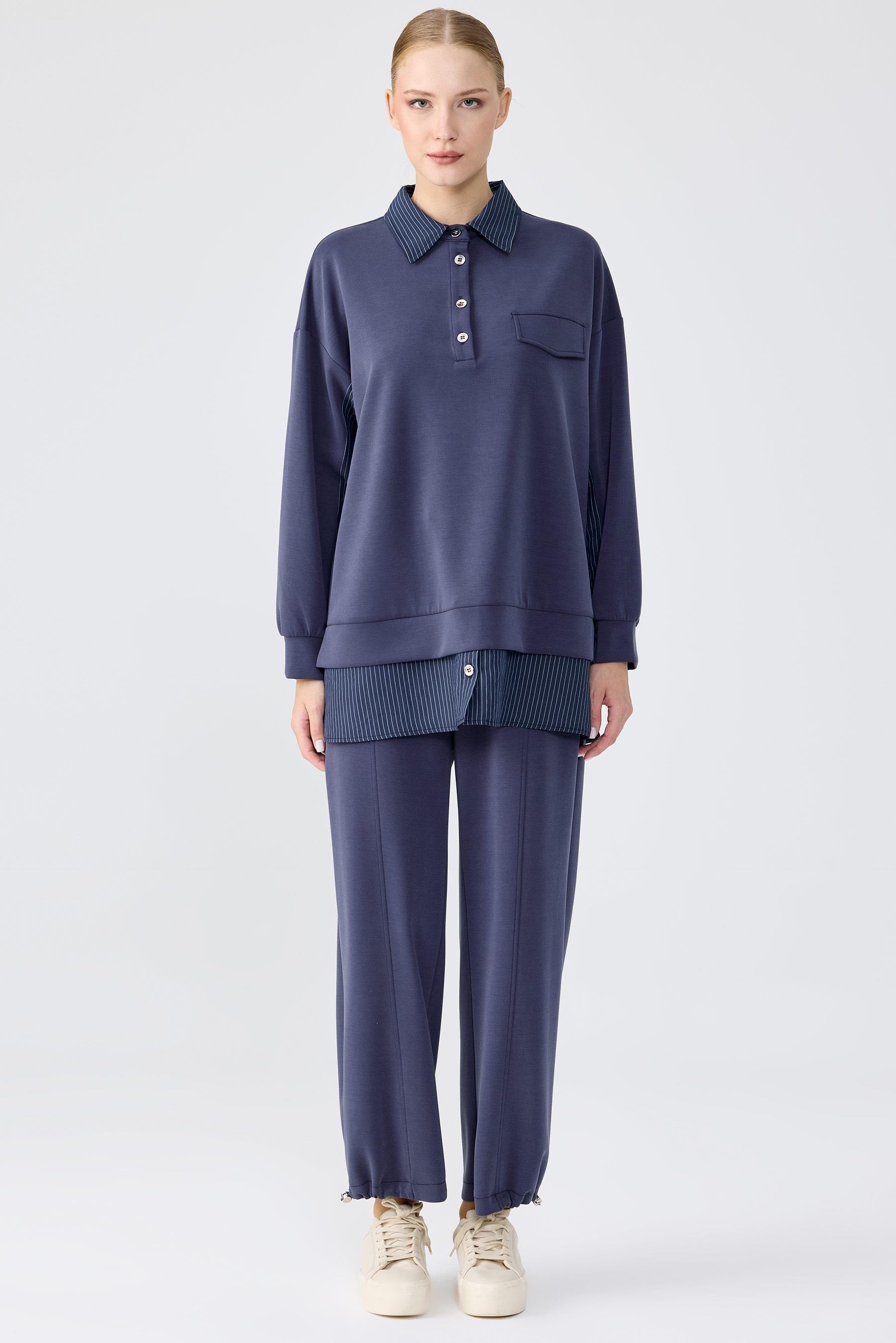 Çizgili Kombinli Sweat Tunik Pantolon Takım LACİVERT