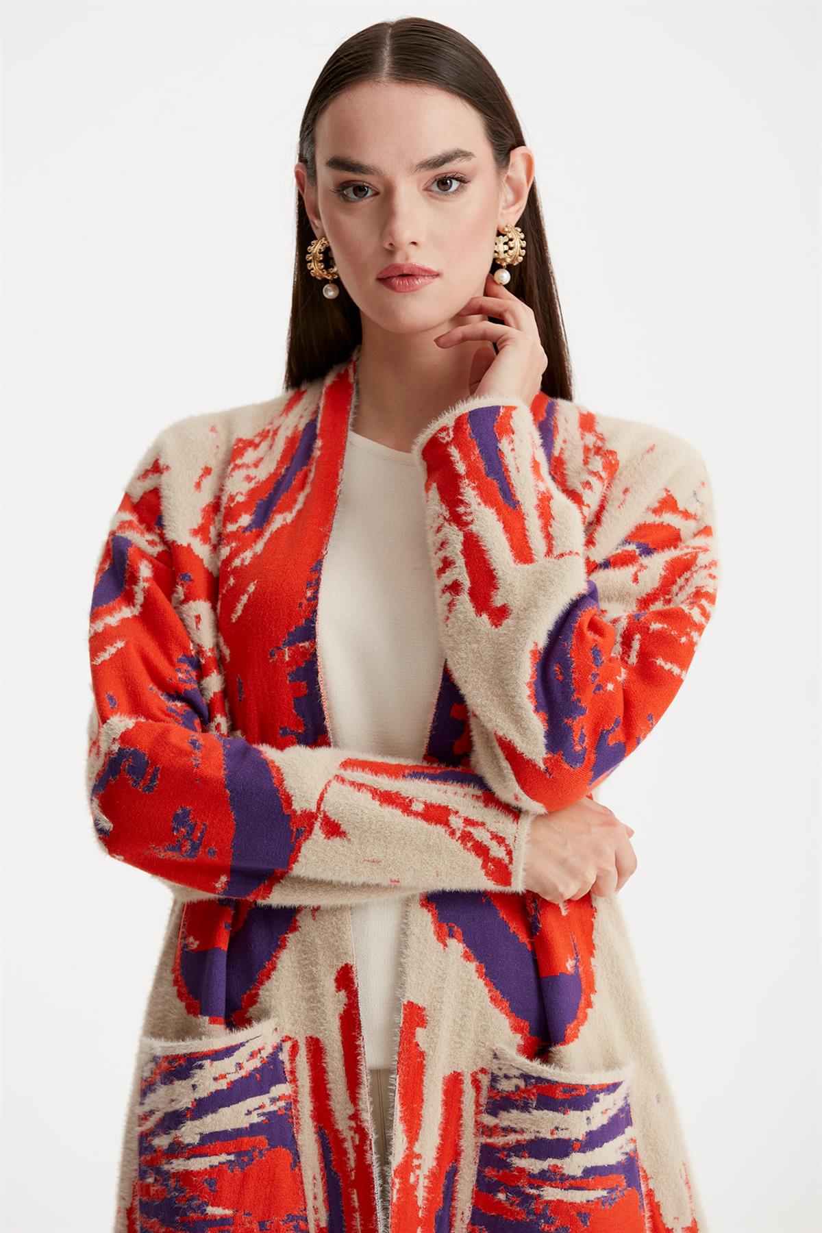 DALGA DESENLİ MİNK HIRKA ORANJ