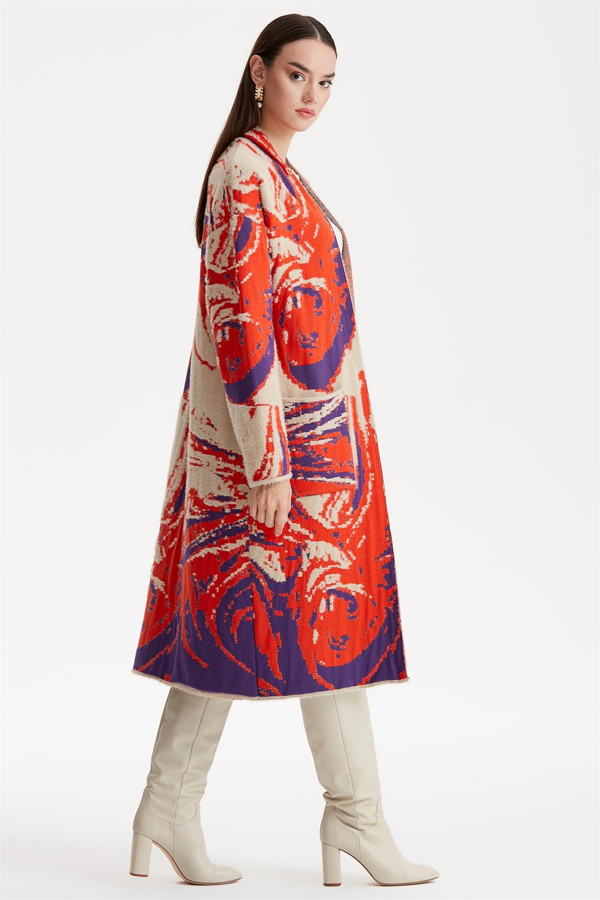 DALGA DESENLİ MİNK HIRKA ORANJ