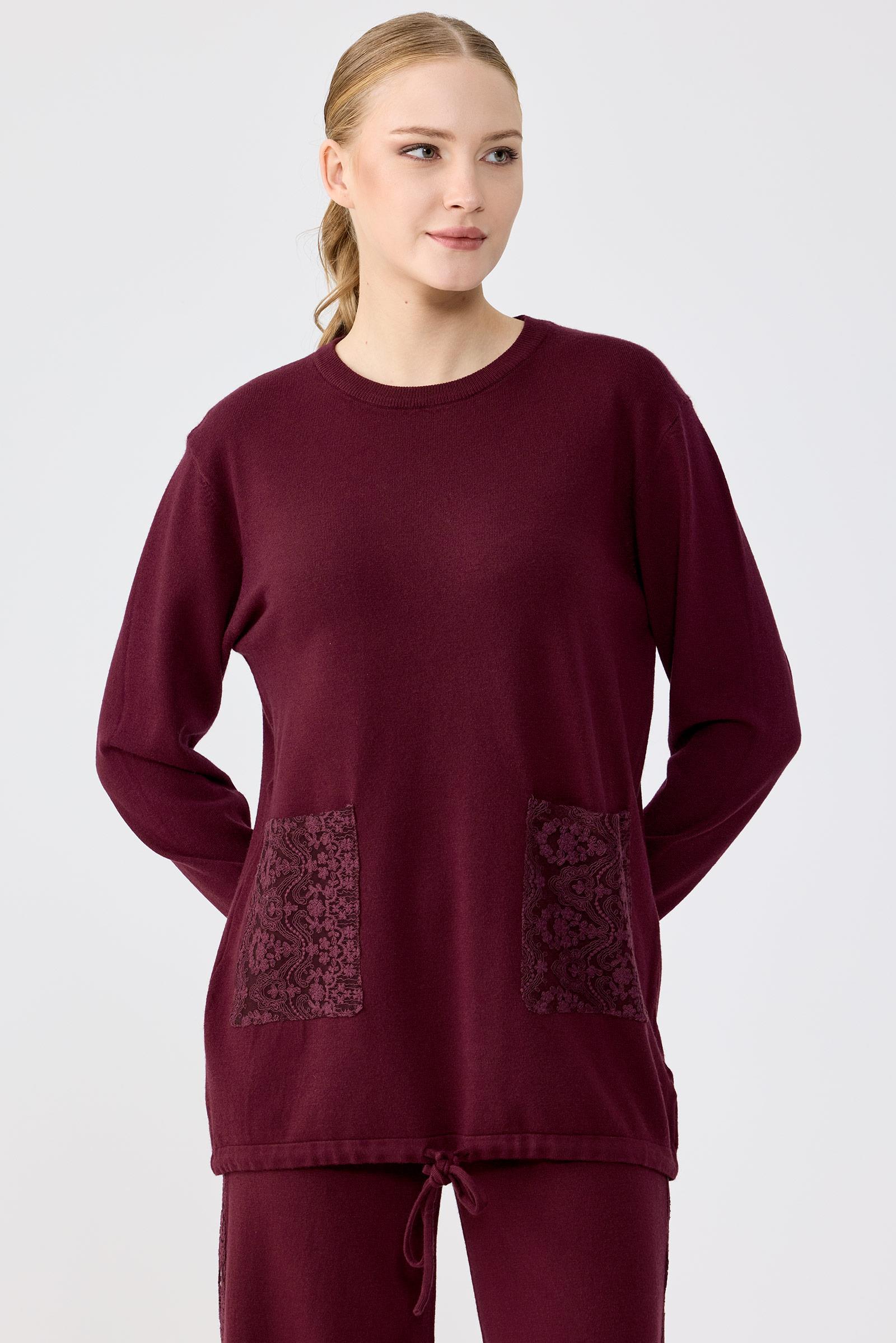 Dantel Detaylı Pantolonlu Triko Takım BORDO