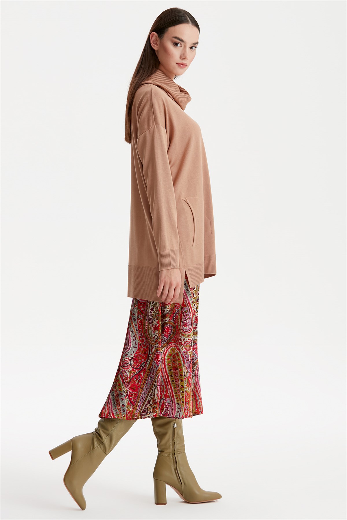 DEGAJE YAKA TRİKO TUNİK CAMEL