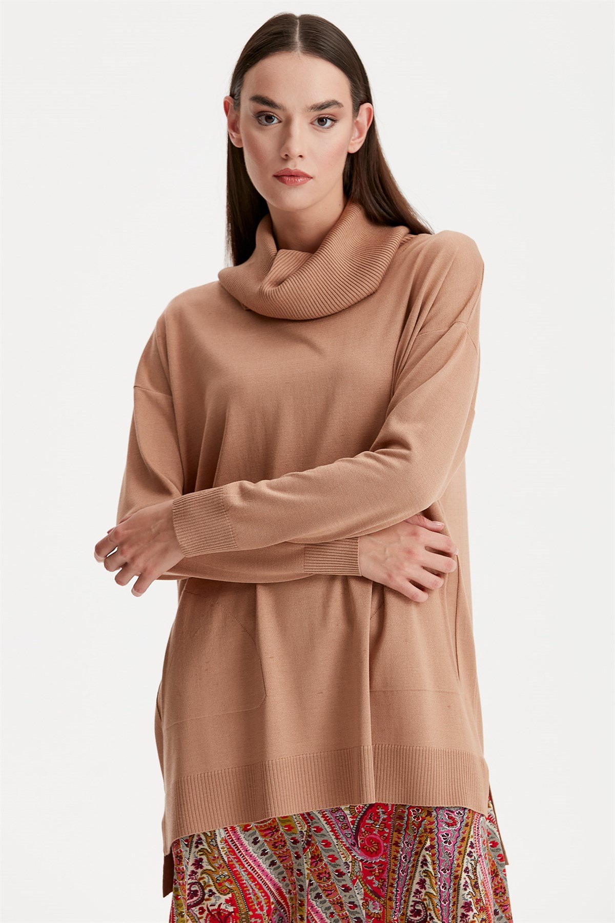 DEGAJE YAKA TRİKO TUNİK CAMEL