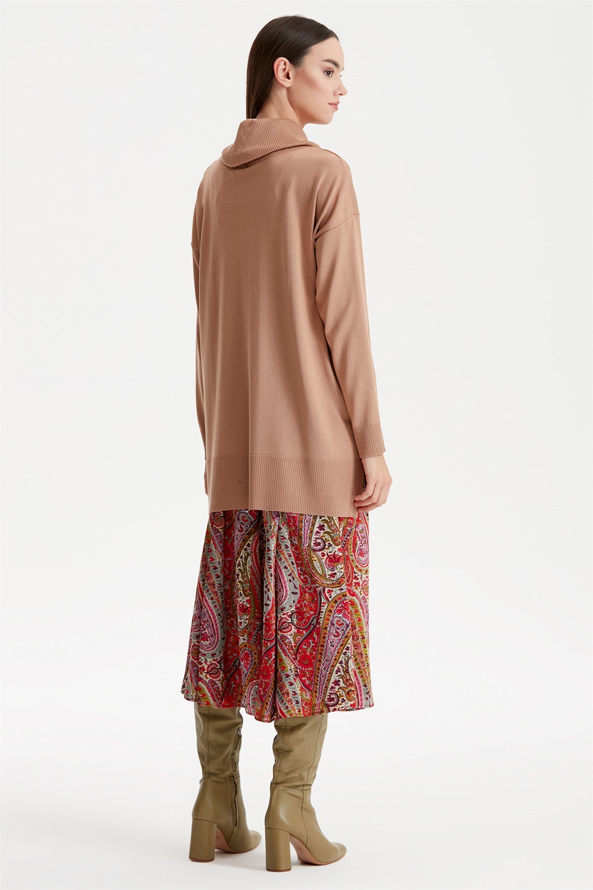 DEGAJE YAKA TRİKO TUNİK CAMEL