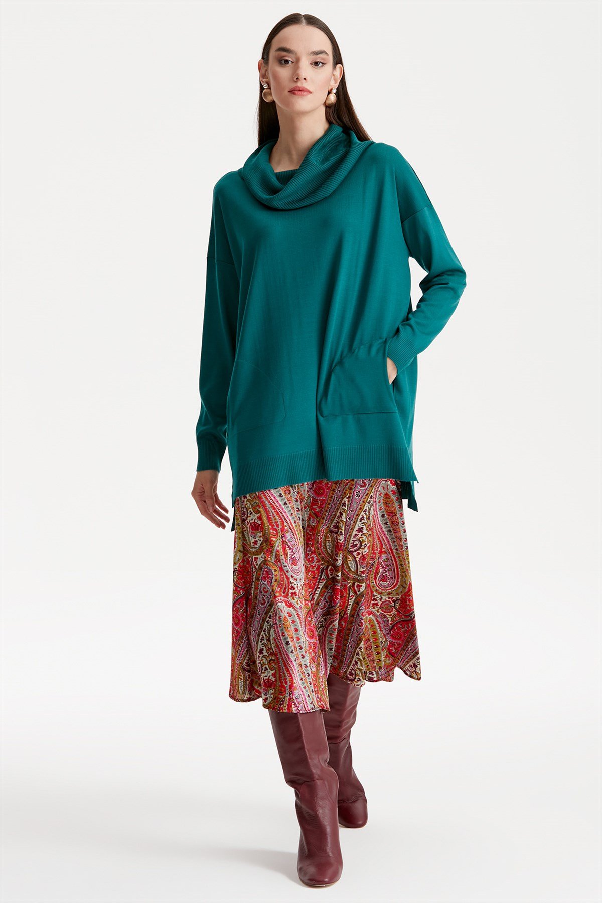 DEGAJE YAKA TRİKO TUNİK PETROL