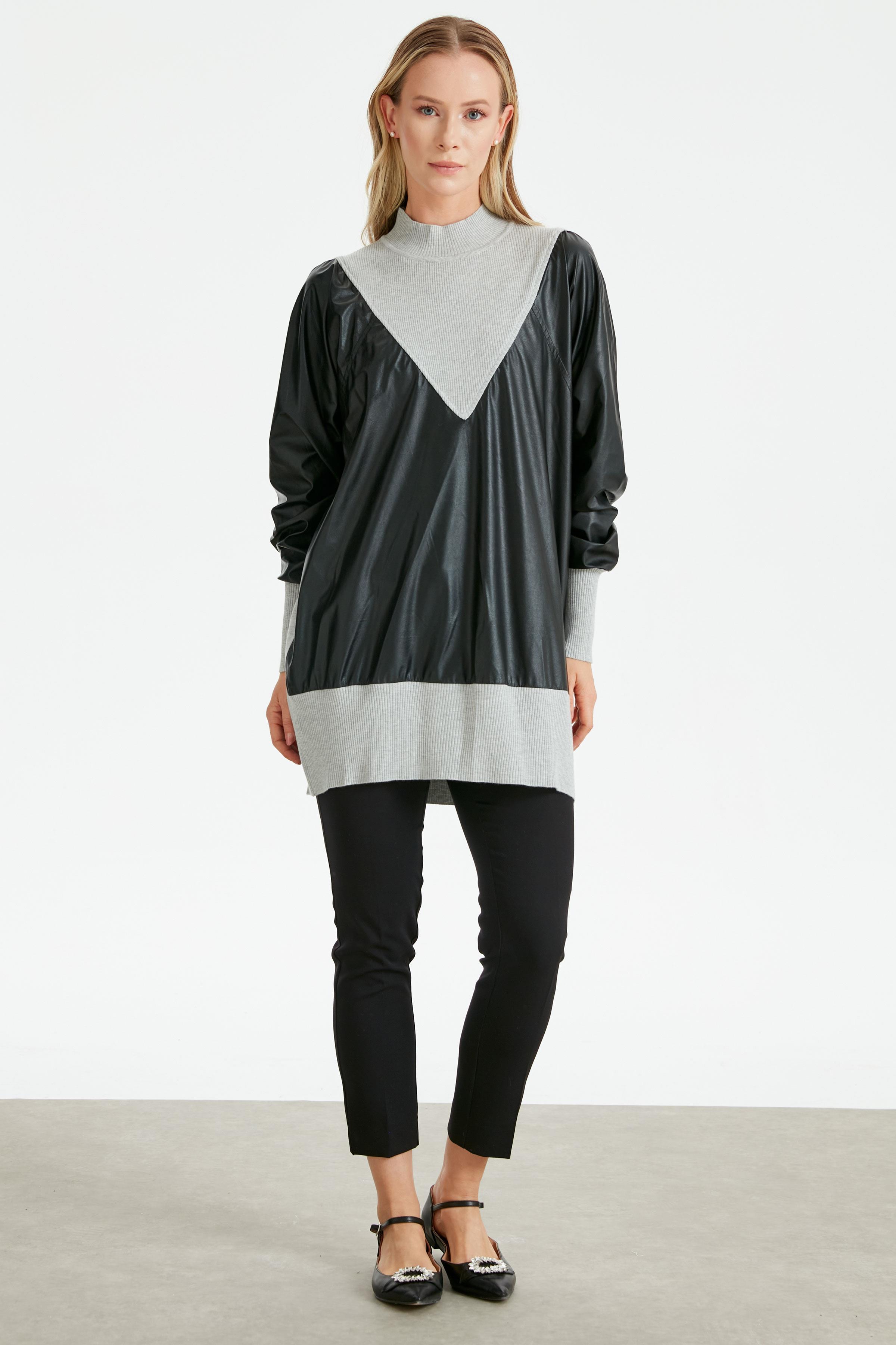 DERİ KOMBİNLİ TRİKO TUNİK GRİ